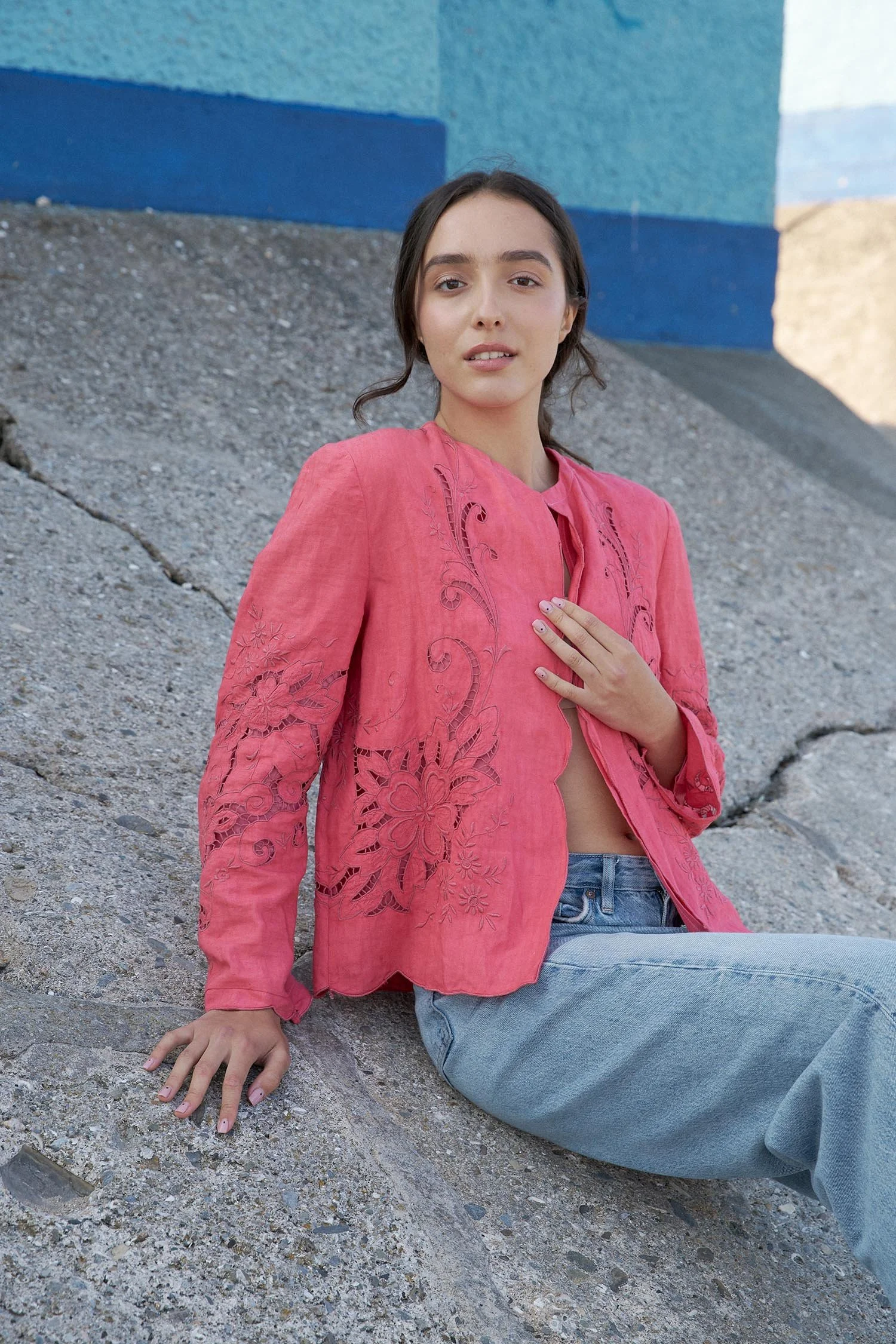 Coral coloured cotton women’s jacket, up-cycled from an antique, embroidered, cutwork tablecloth