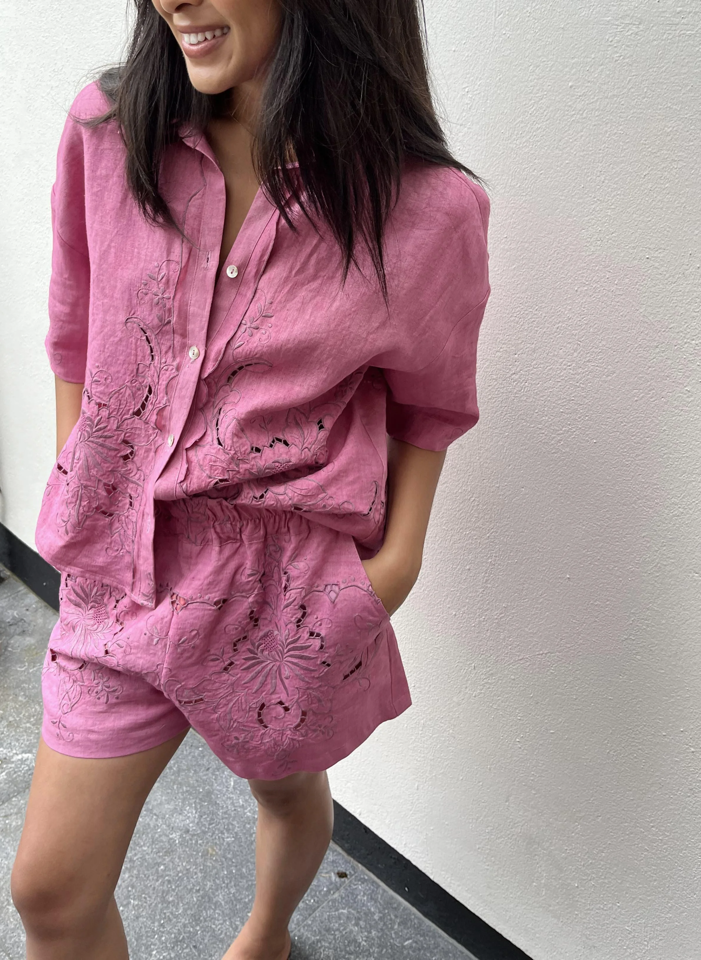 Pink embroidered linen shorts up-cycled from a vintage textile