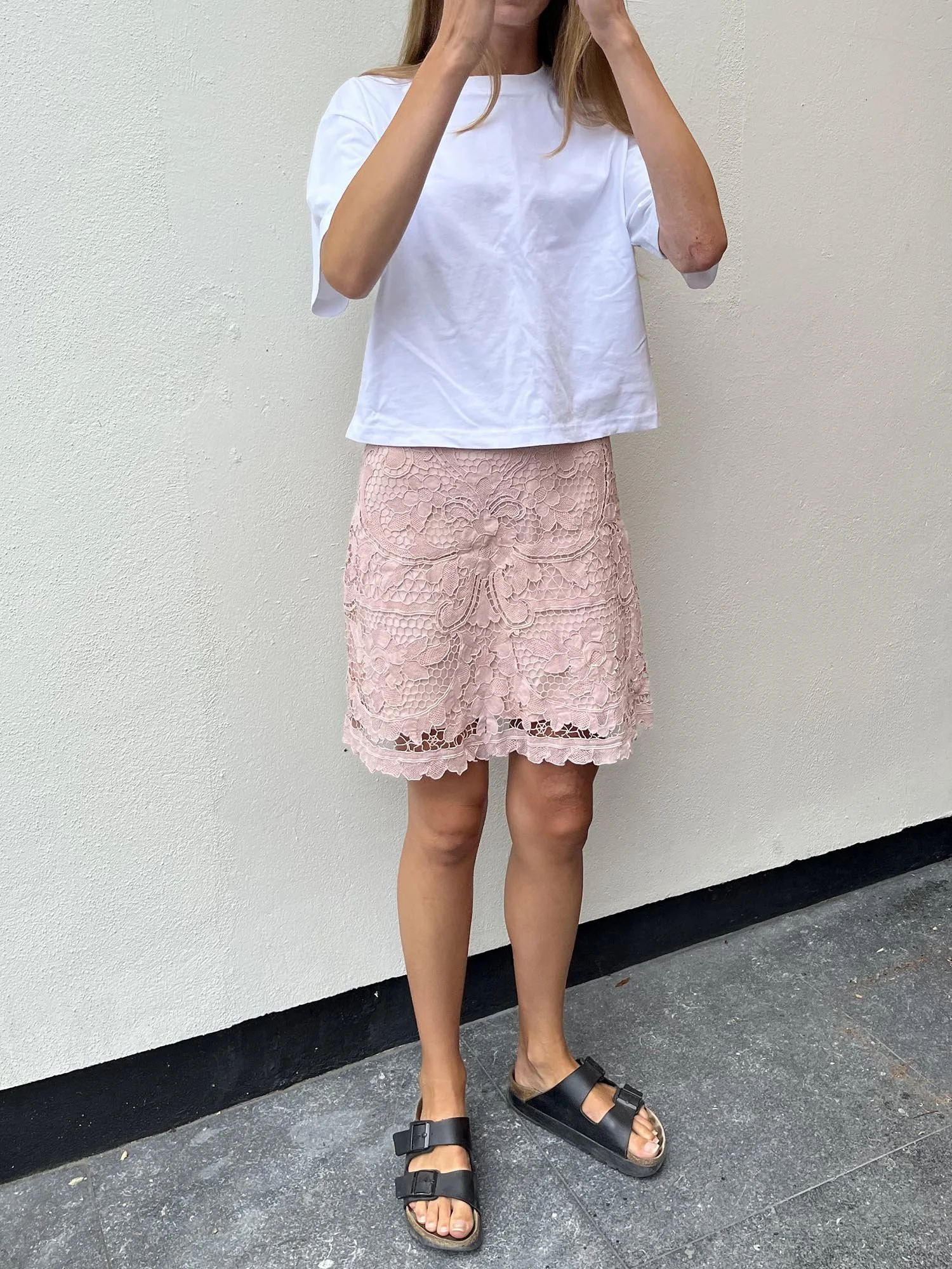 Pale pink A-line mini skirt, up-cycled from antique Madeira cutwork lace