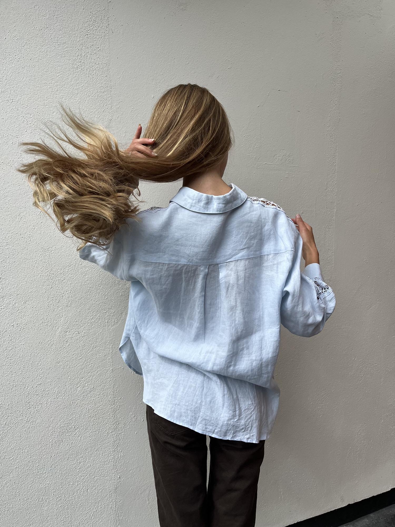Pale blue Irish linen shirt with vintage lace on sleeves