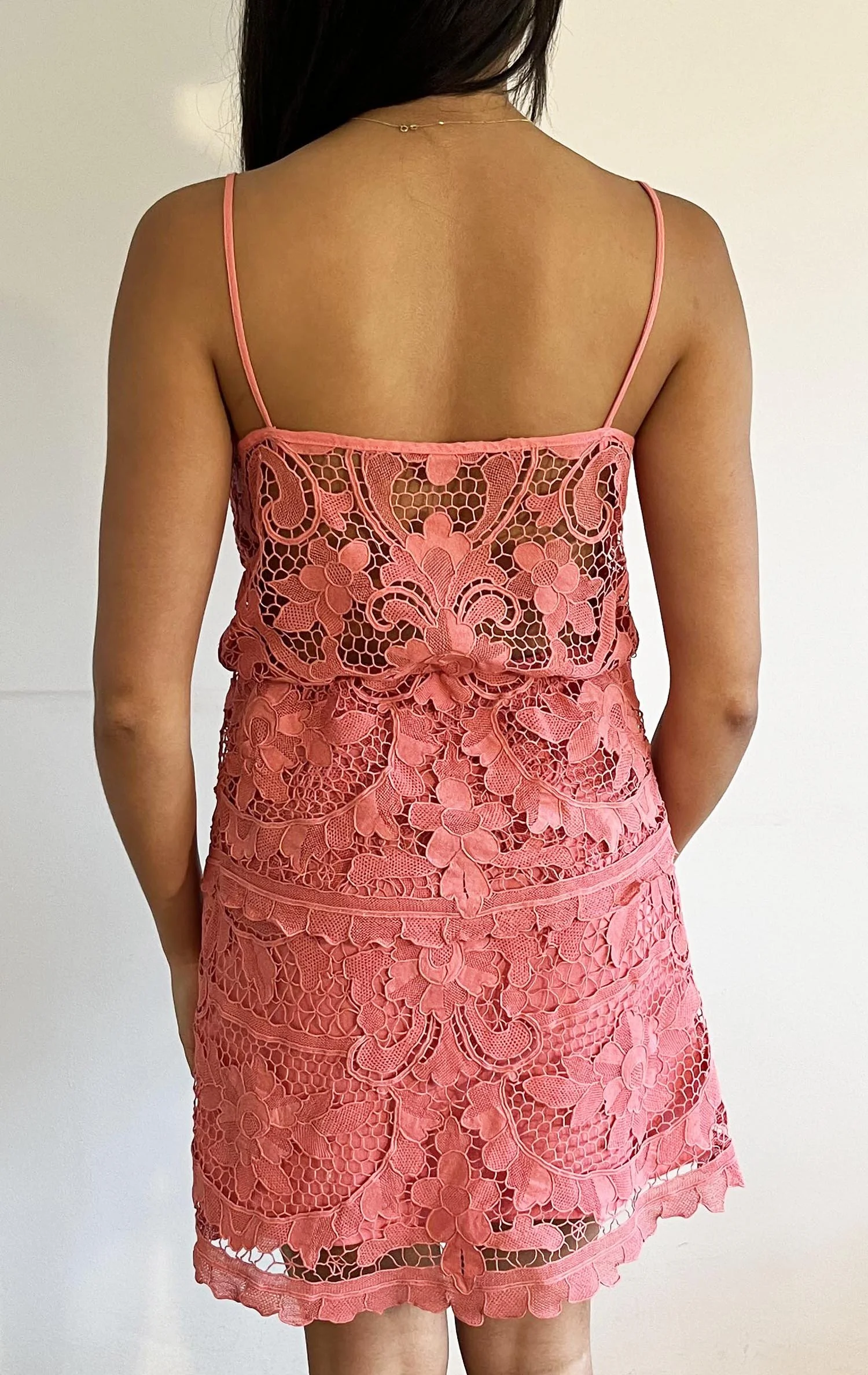 Coral coloured camisole top and skirt set up-cycled from a vintage corded lace textile