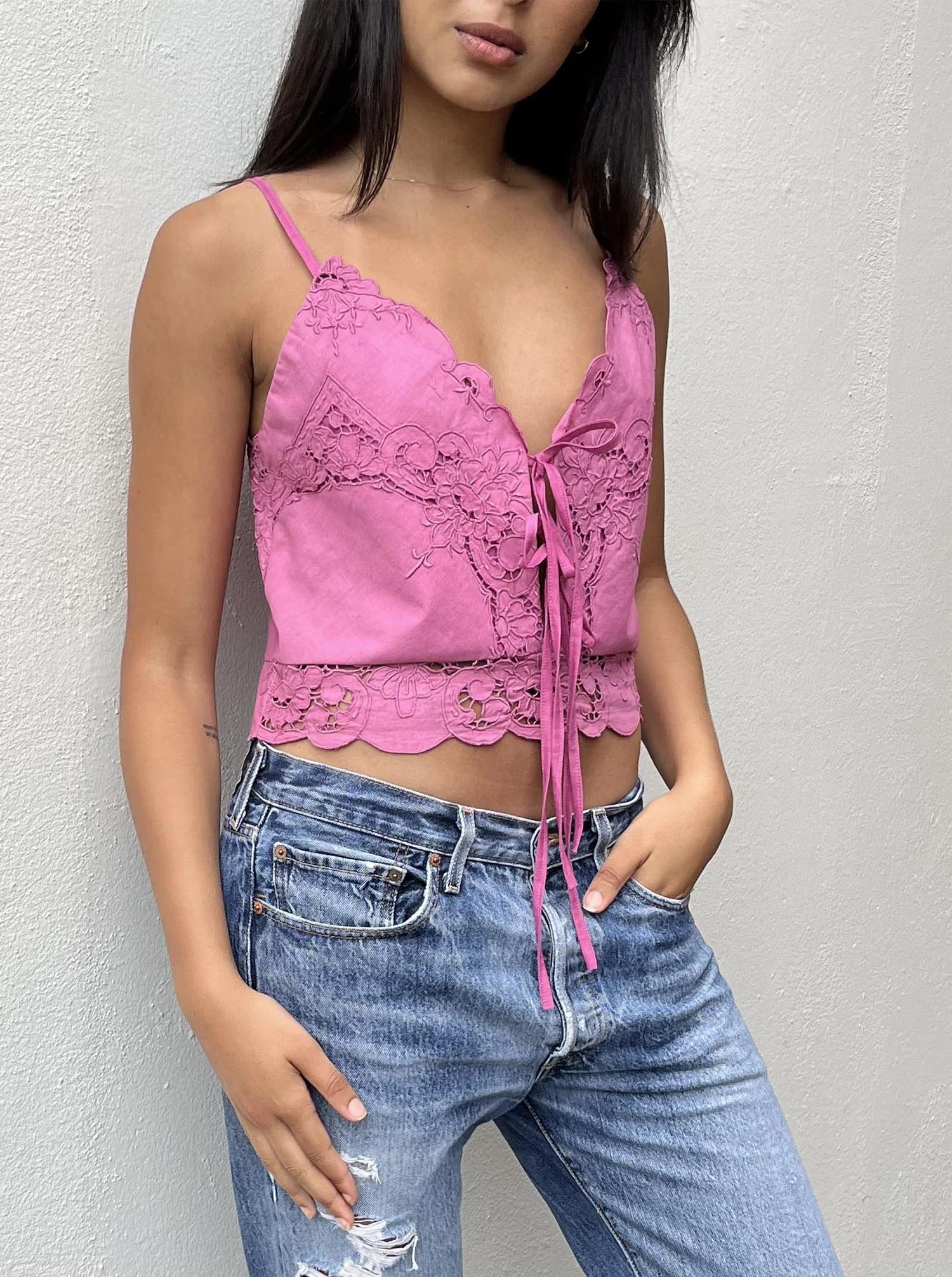 Pink camisole top with ties at front, up-cycled from antique, hand embroidered, cutwork linen textile. Hand dyed a rose pink colour