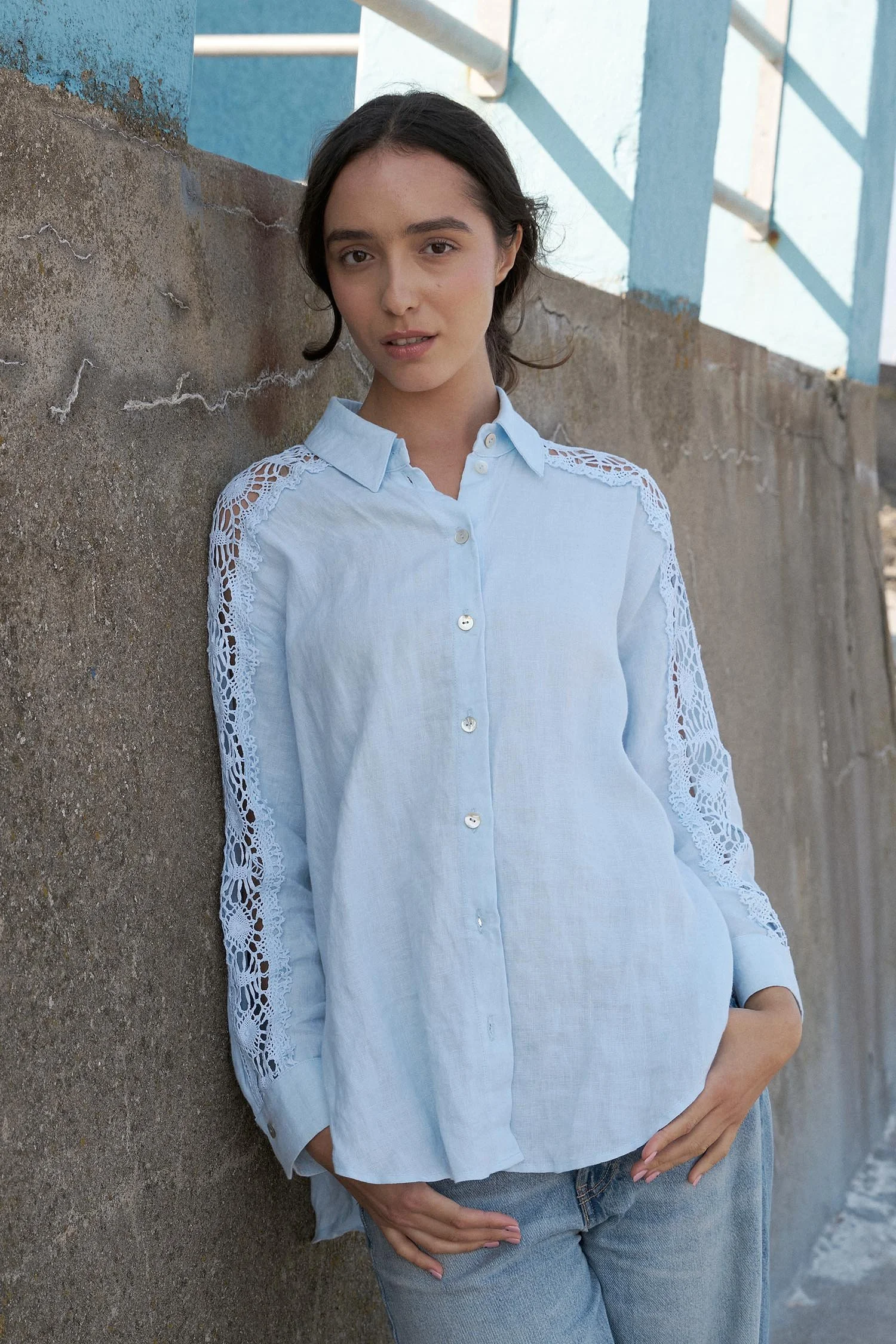 Pale blue Irish linen shirt with vintage lace on sleeves