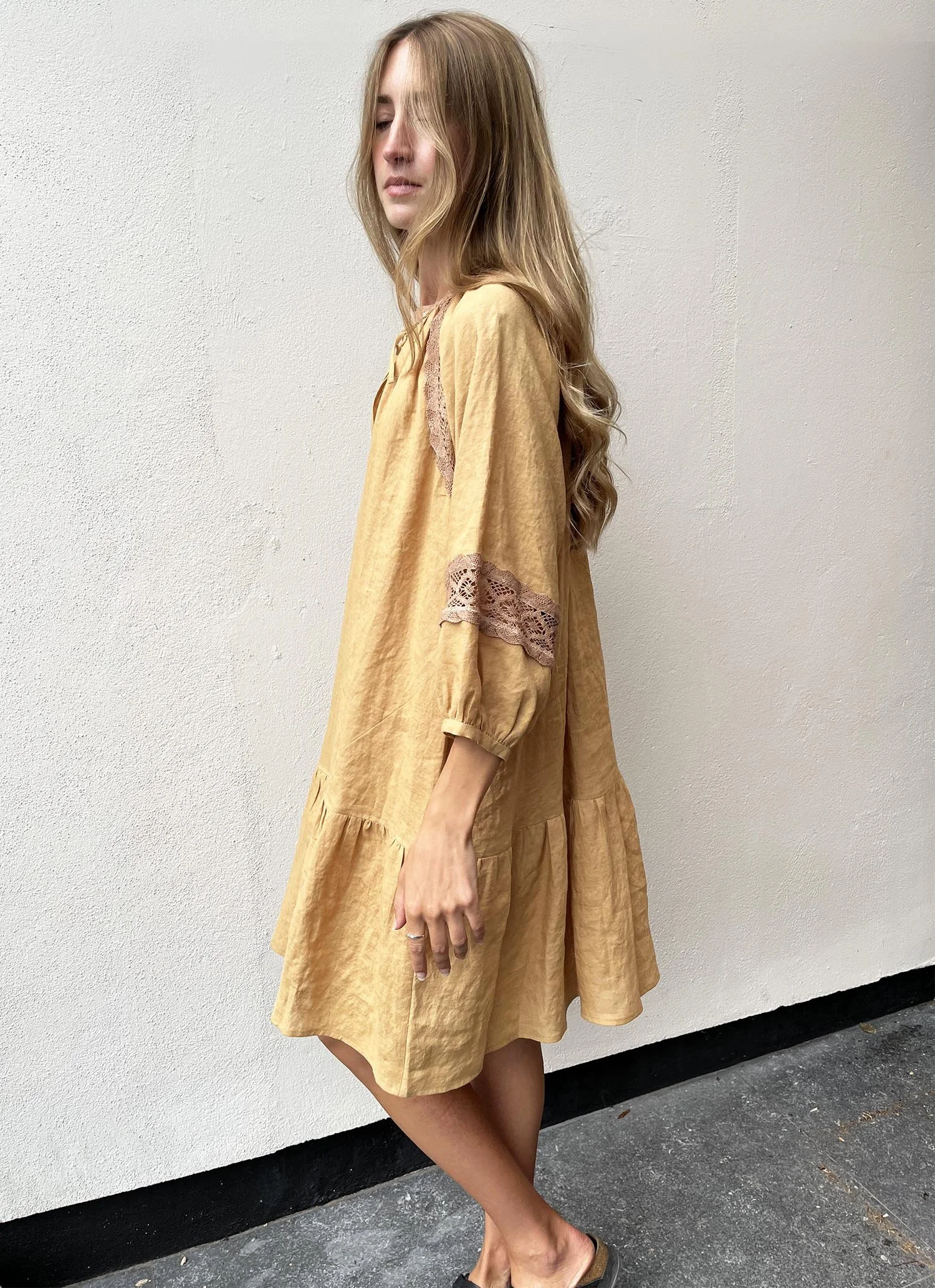 Yellow ochre Irish linen peasant dress with antique lace and ties at front neck