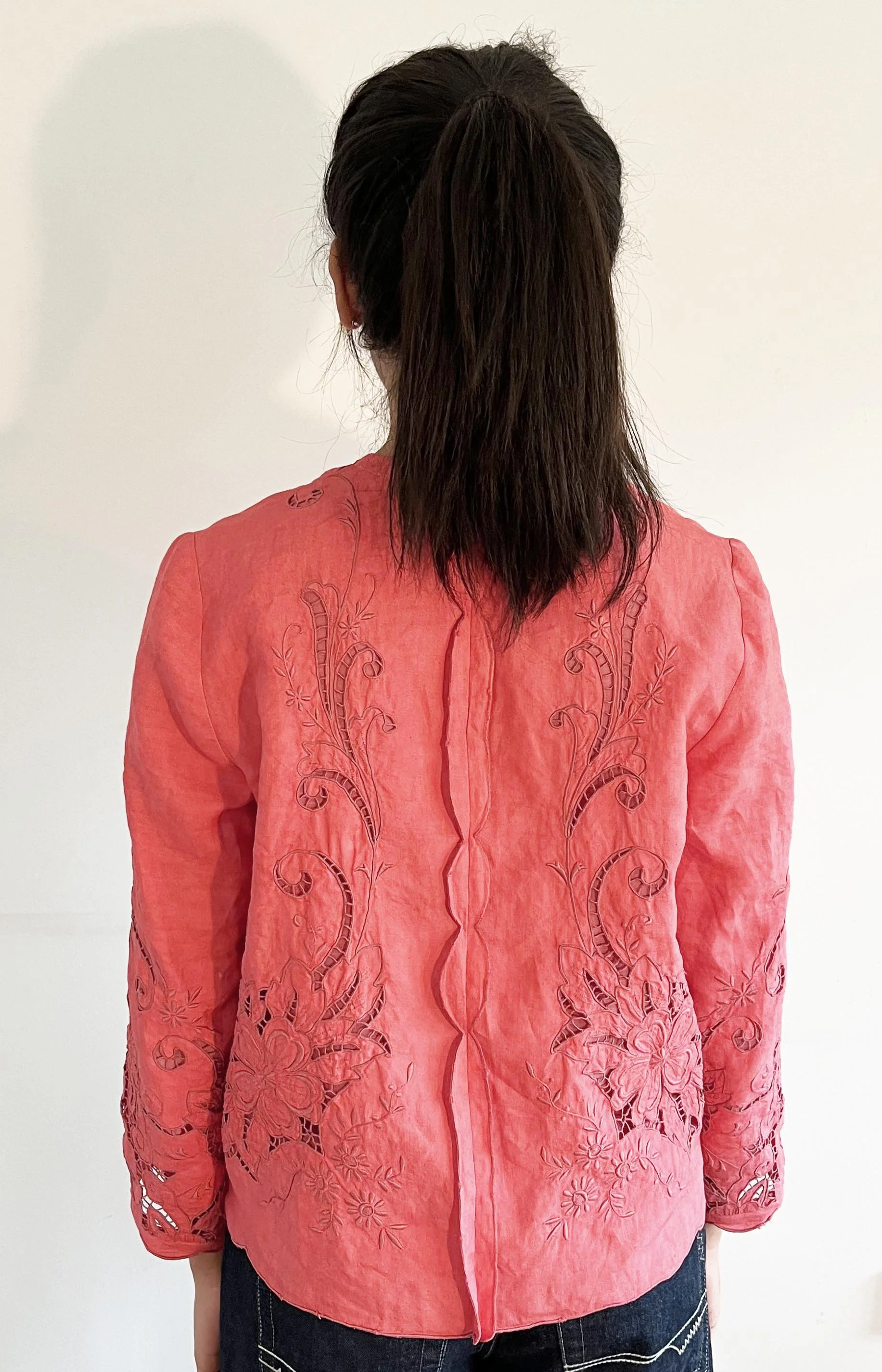 Jacket upcycled from vintage embroidered cutwork linen textile