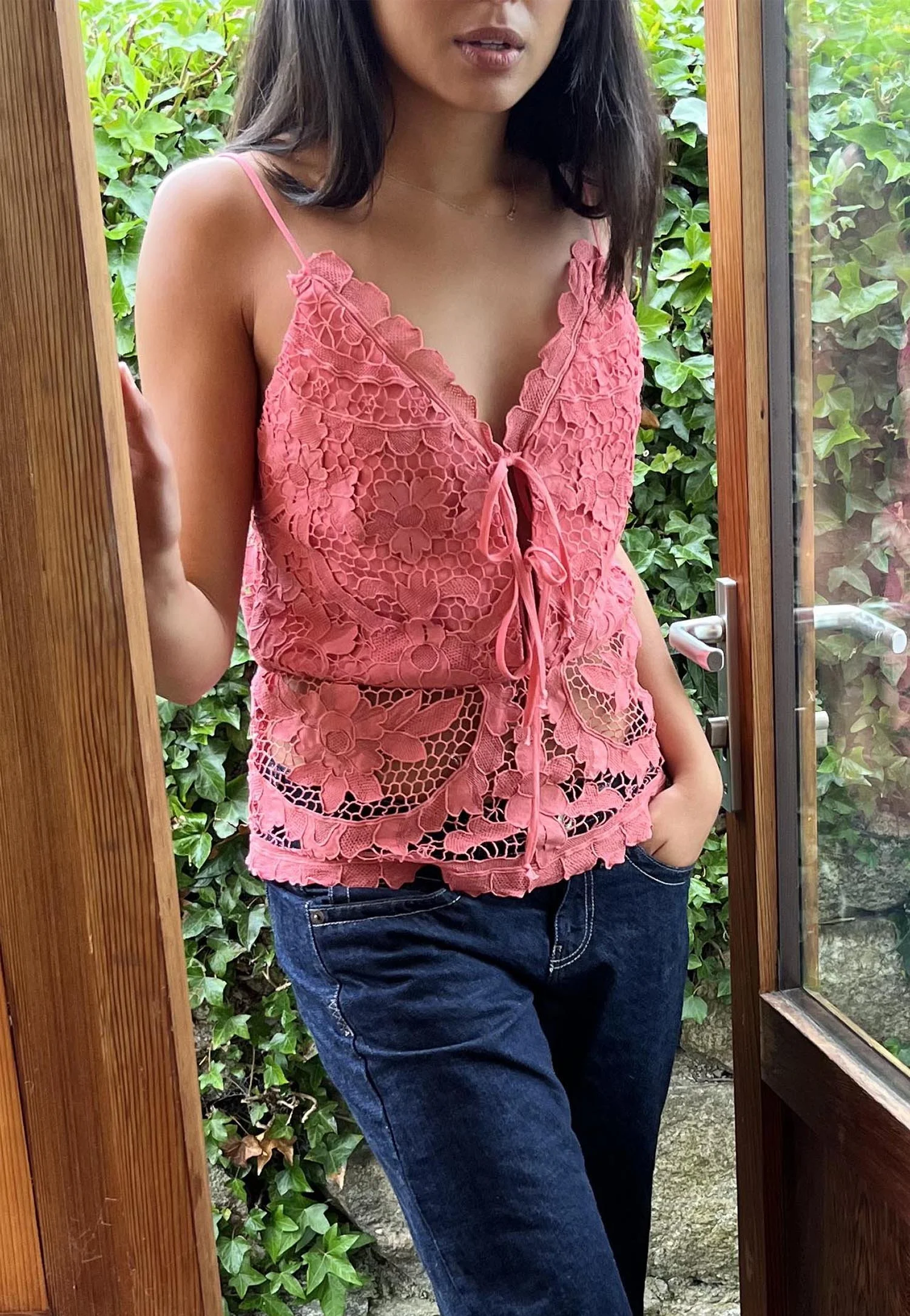 Coral coloured camisole top, with ties at front, up-cycled from an antique Madeira cutwork lace tablecloth