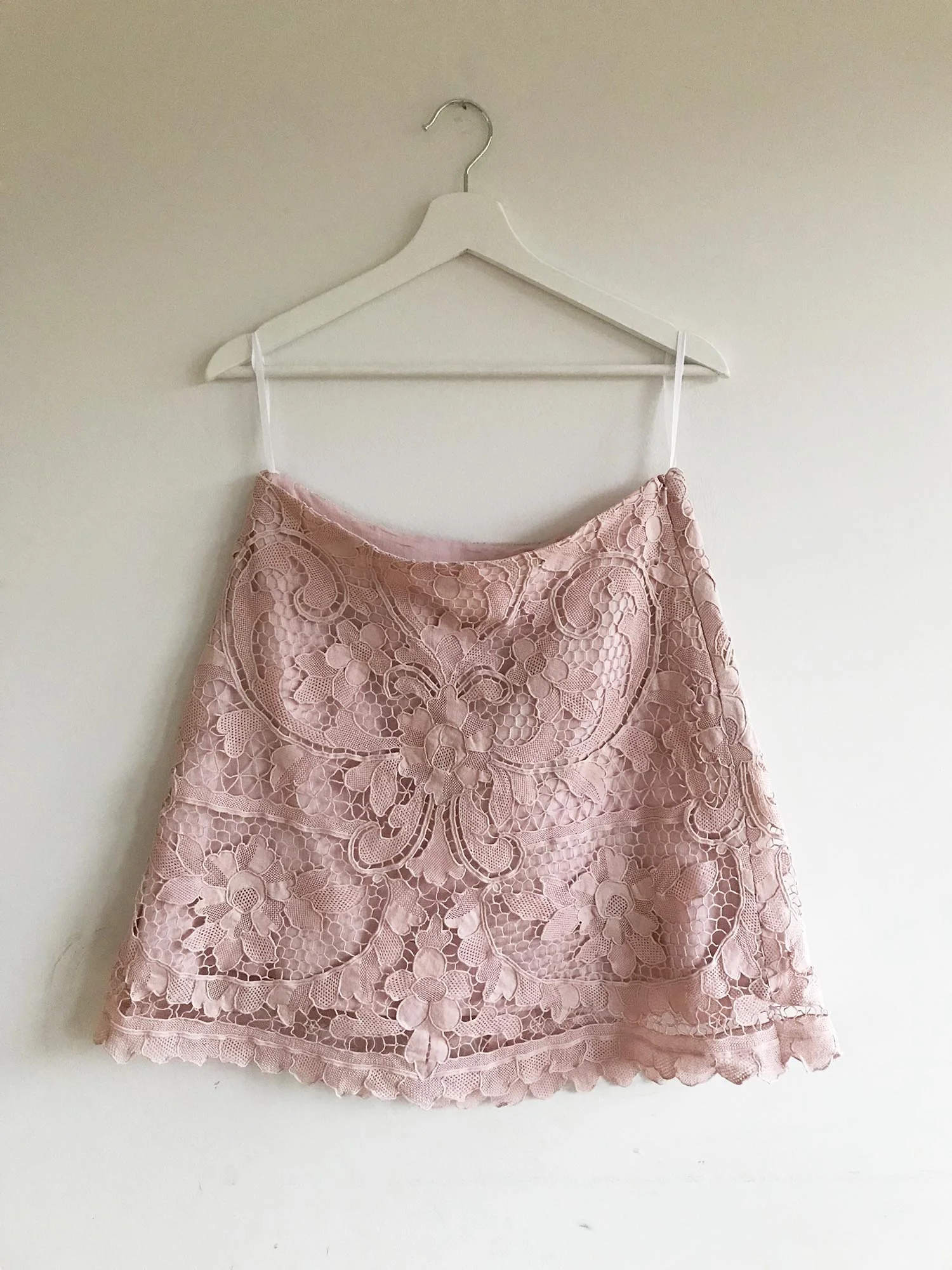 Pale pink A-line mini skirt, up-cycled from antique Madeira cutwork lace