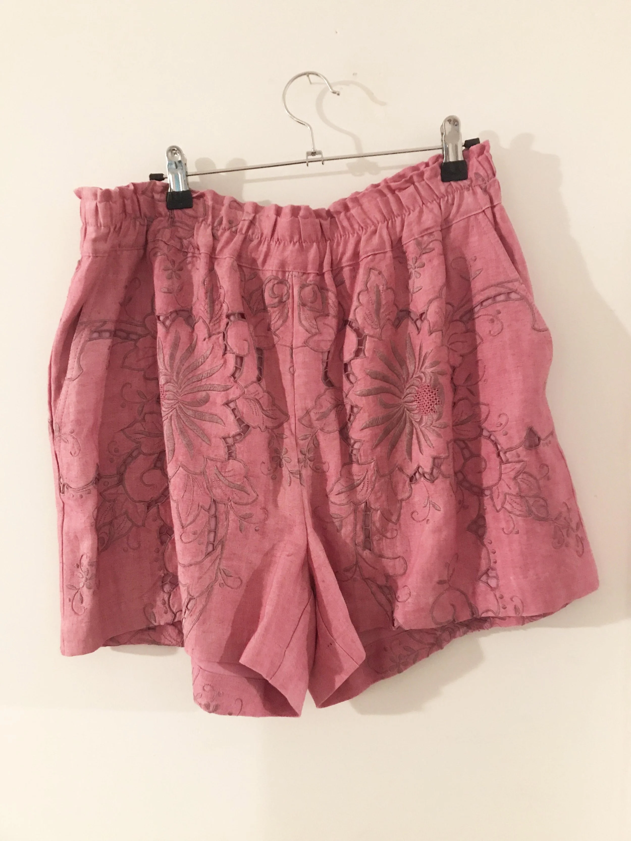 Pink embroidered linen shorts up-cycled from a vintage textile