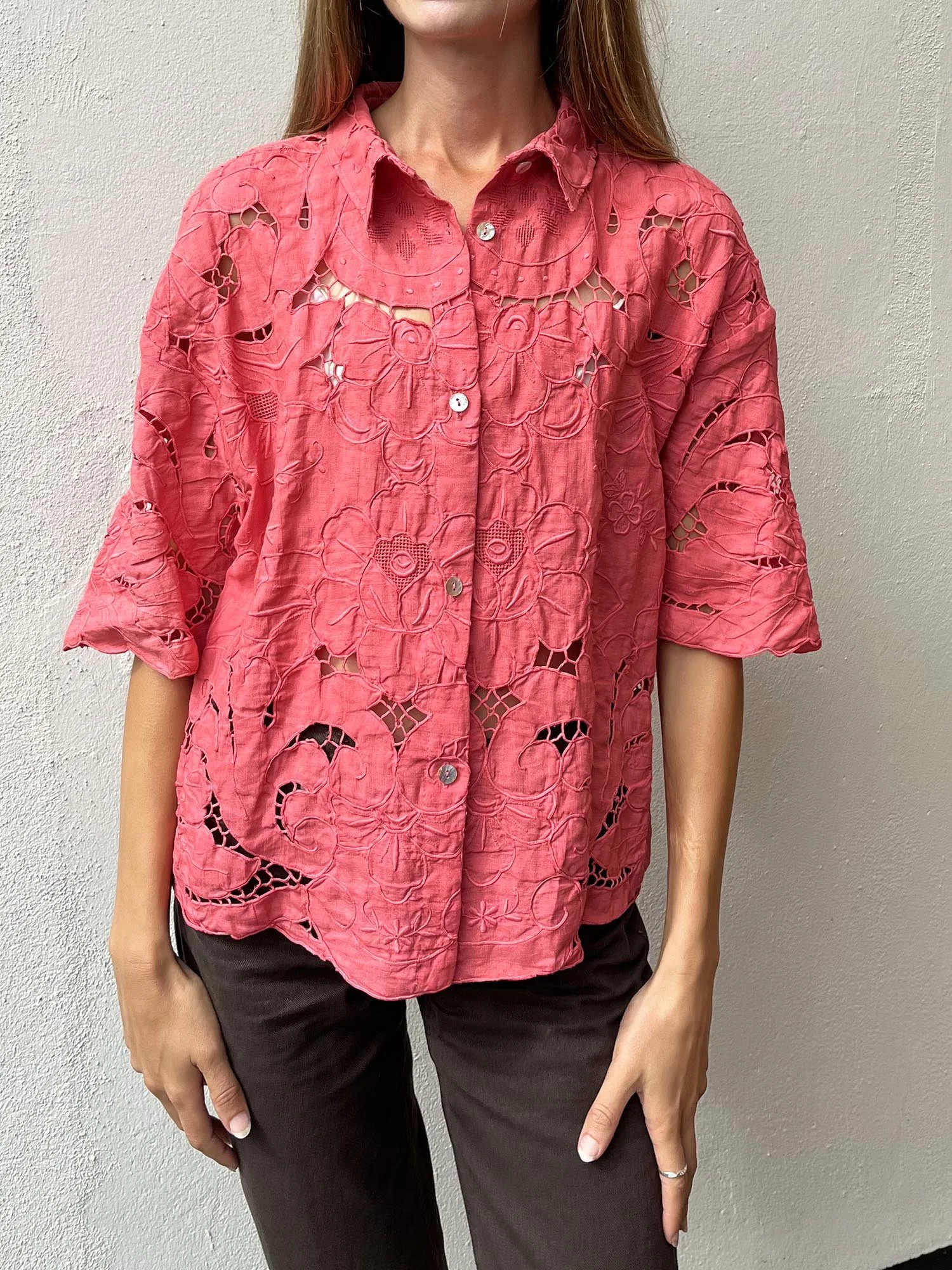 Coral coloured vintage cutwork lace shirt, up-cycled from an antique lace tablecloth