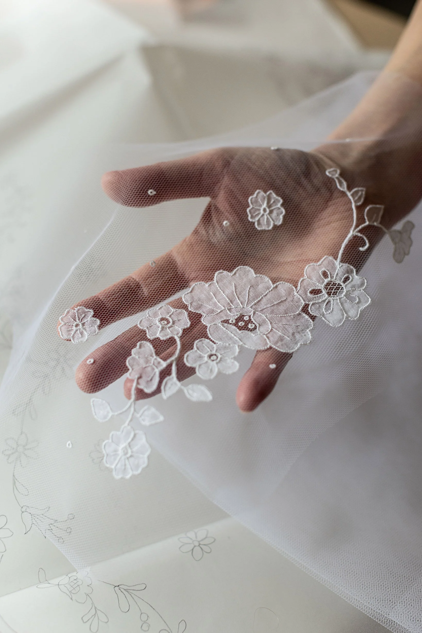 Handmade Carrickmacross Irish lace for Olwen Bourke's bridal gowns