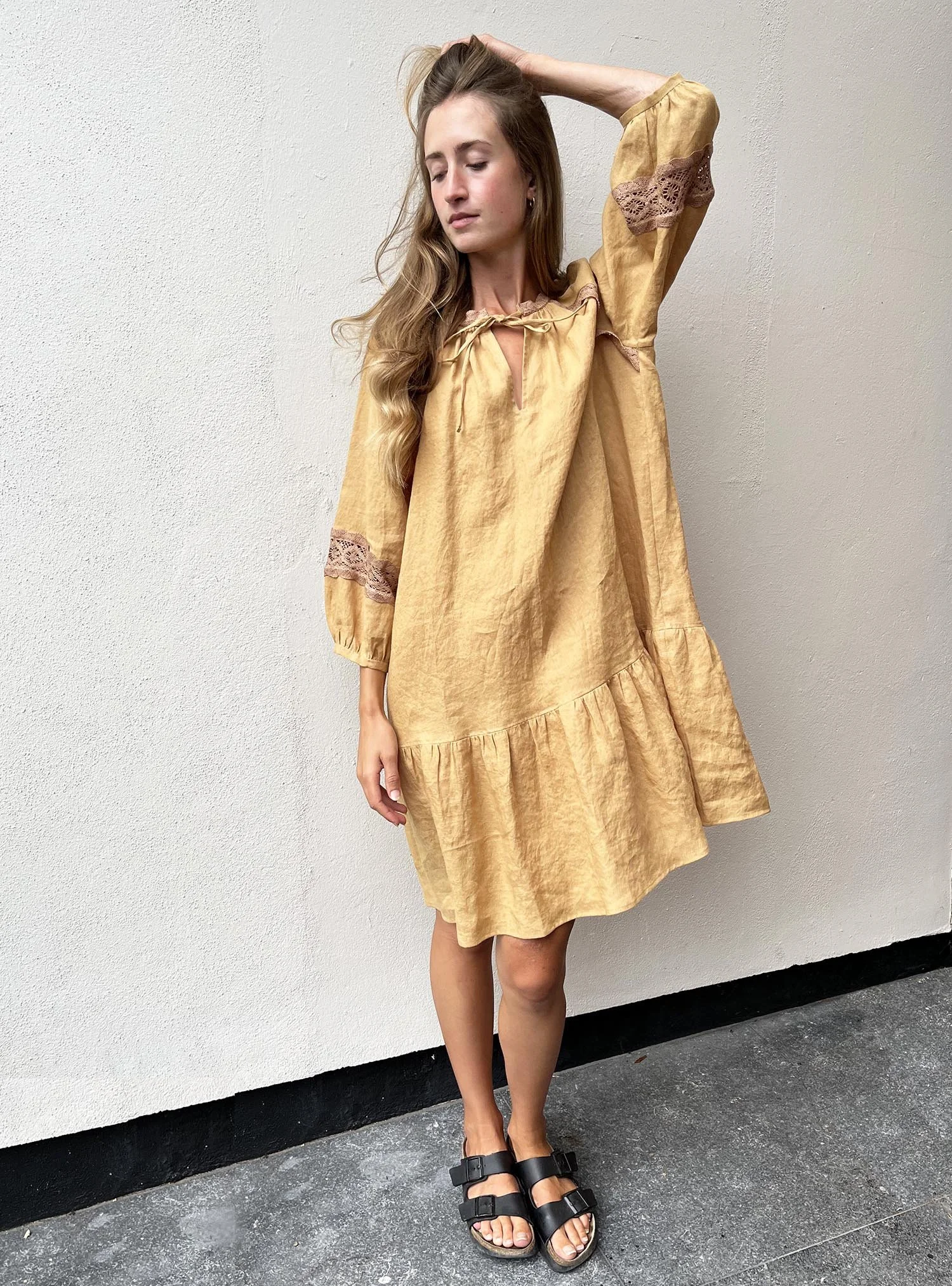 Yellow ochre Irish linen peasant dress with antique lace and ties at front neck