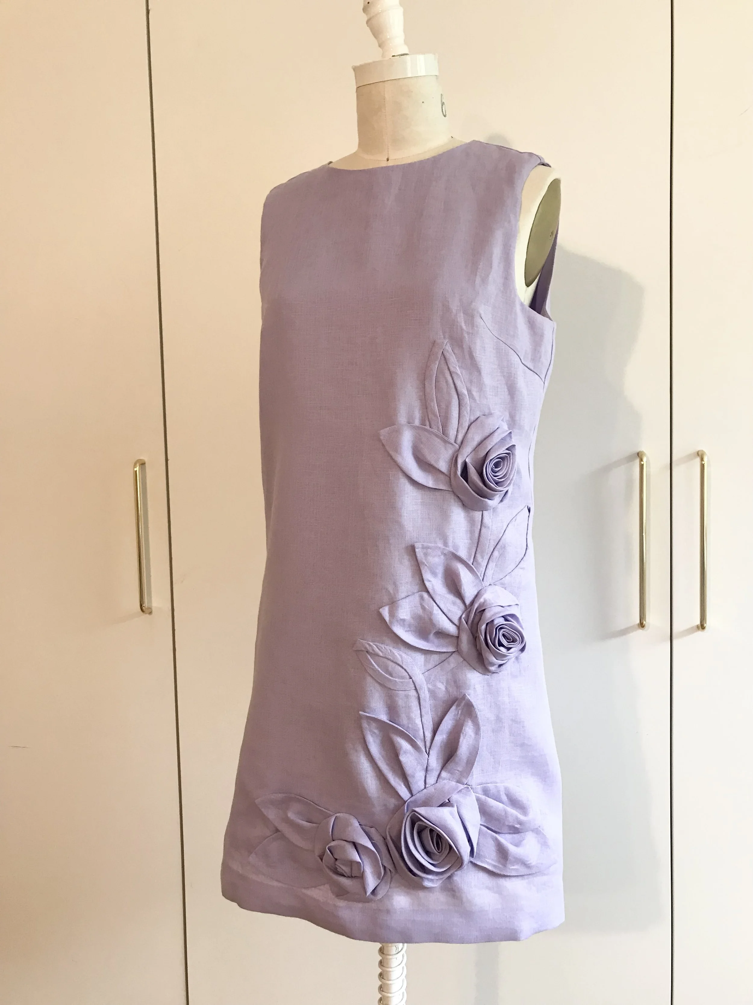 Lilac Irish linen shift dress with linen flower embellishment and Lenzing ecovero satin lining