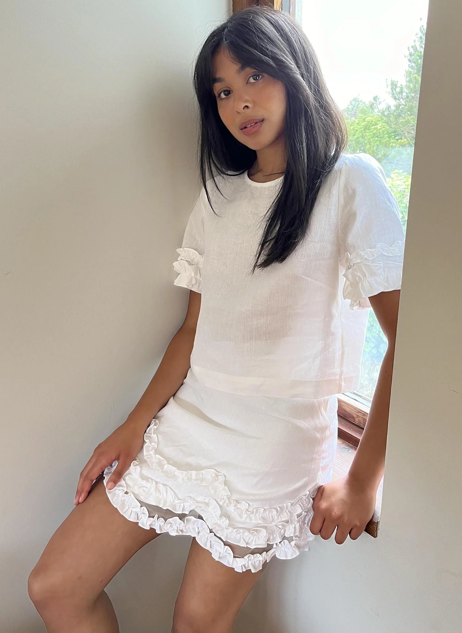 A-line mini skirt with three frills at hem, made from 100% Irish linen