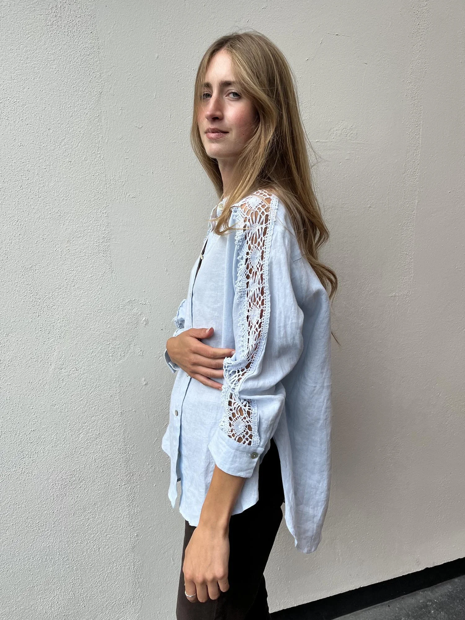 Pale blue Irish linen shirt with vintage lace on sleeves