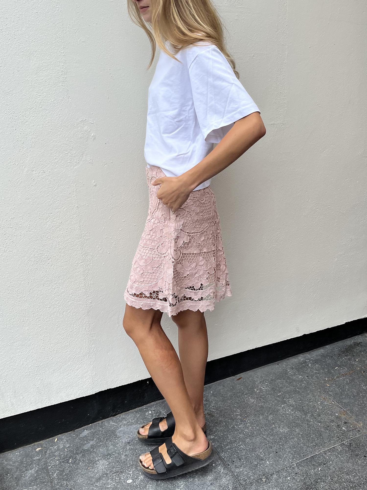 Pale pink A-line mini skirt, up-cycled from antique Madeira cutwork lace