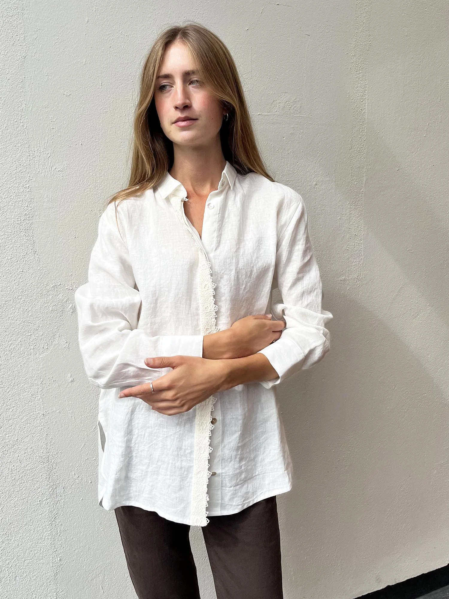 Ivory long sleeved shirt made from Irish linen, with handmade, antique crochet Irish lace at front