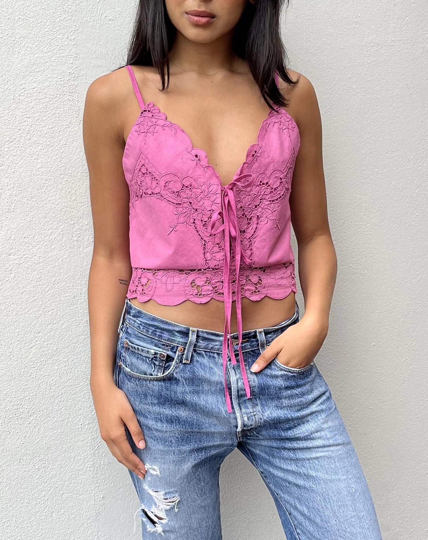 Pink embroidered, cutwork linen camisole top up-cycled from a vintage textile