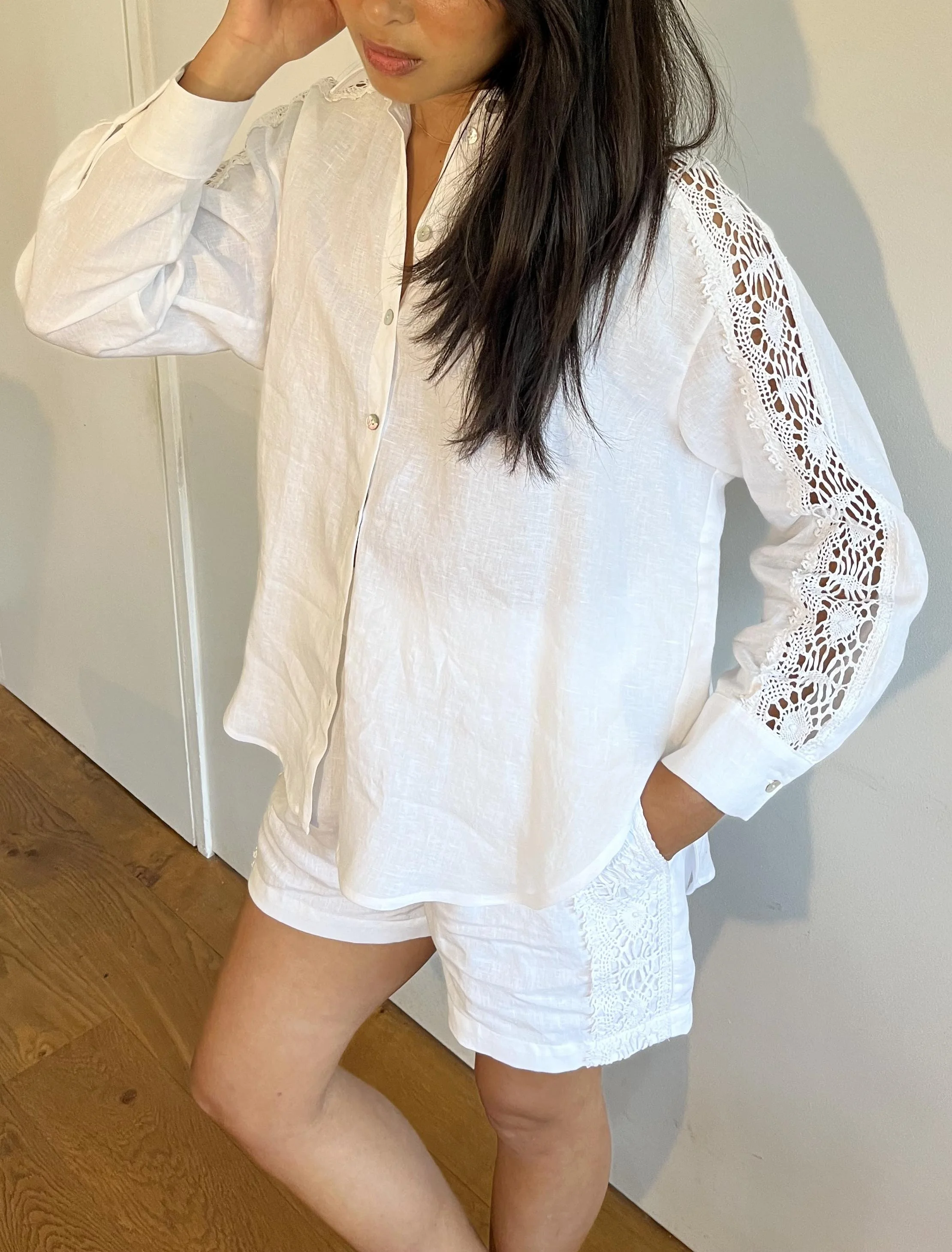 White Irish linen women's shirt with vintage lace inserts at sleeves