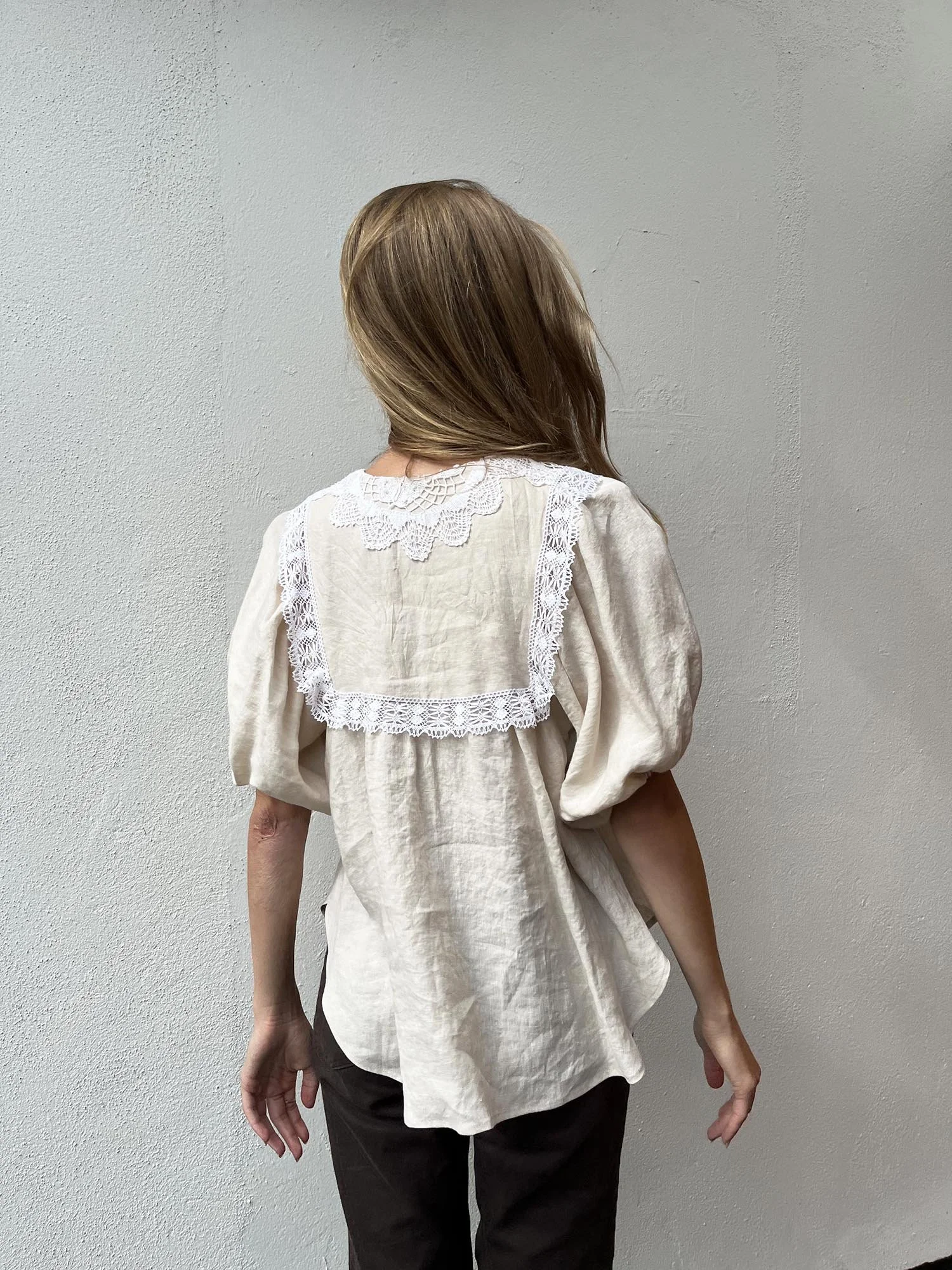 Oatmeal coloured Irish linen, puff sleeve blouse with ties at front and handmade crochet lace at neckline
