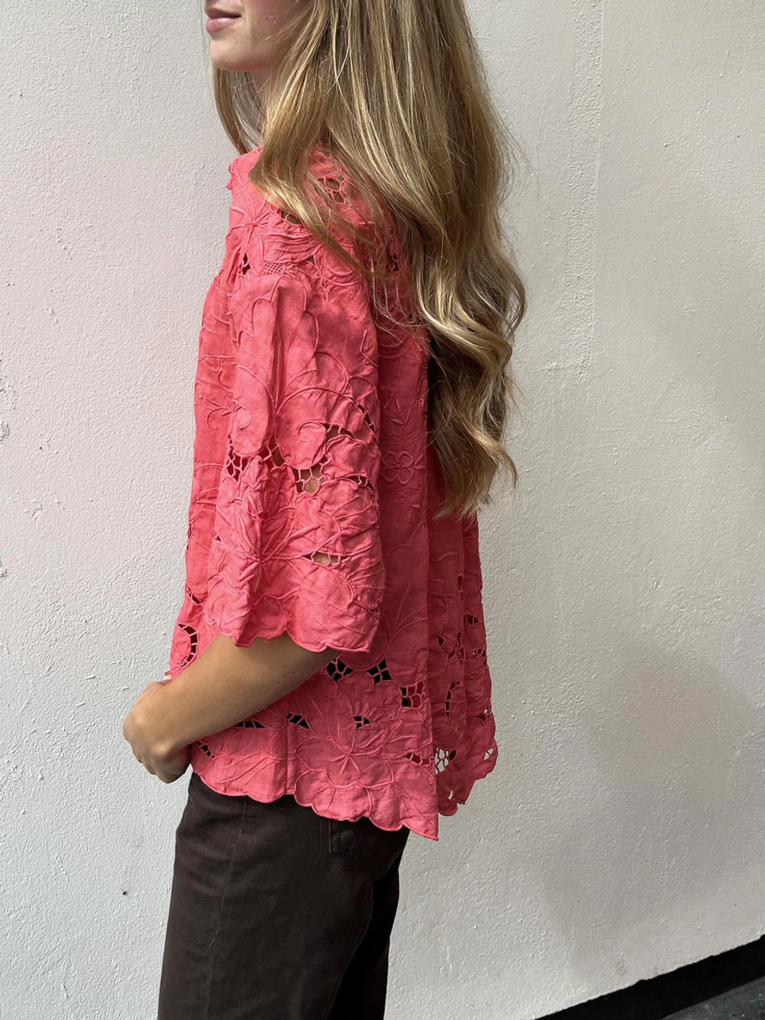 Coral coloured vintage cutwork lace shirt, up-cycled from an antique lace tablecloth
