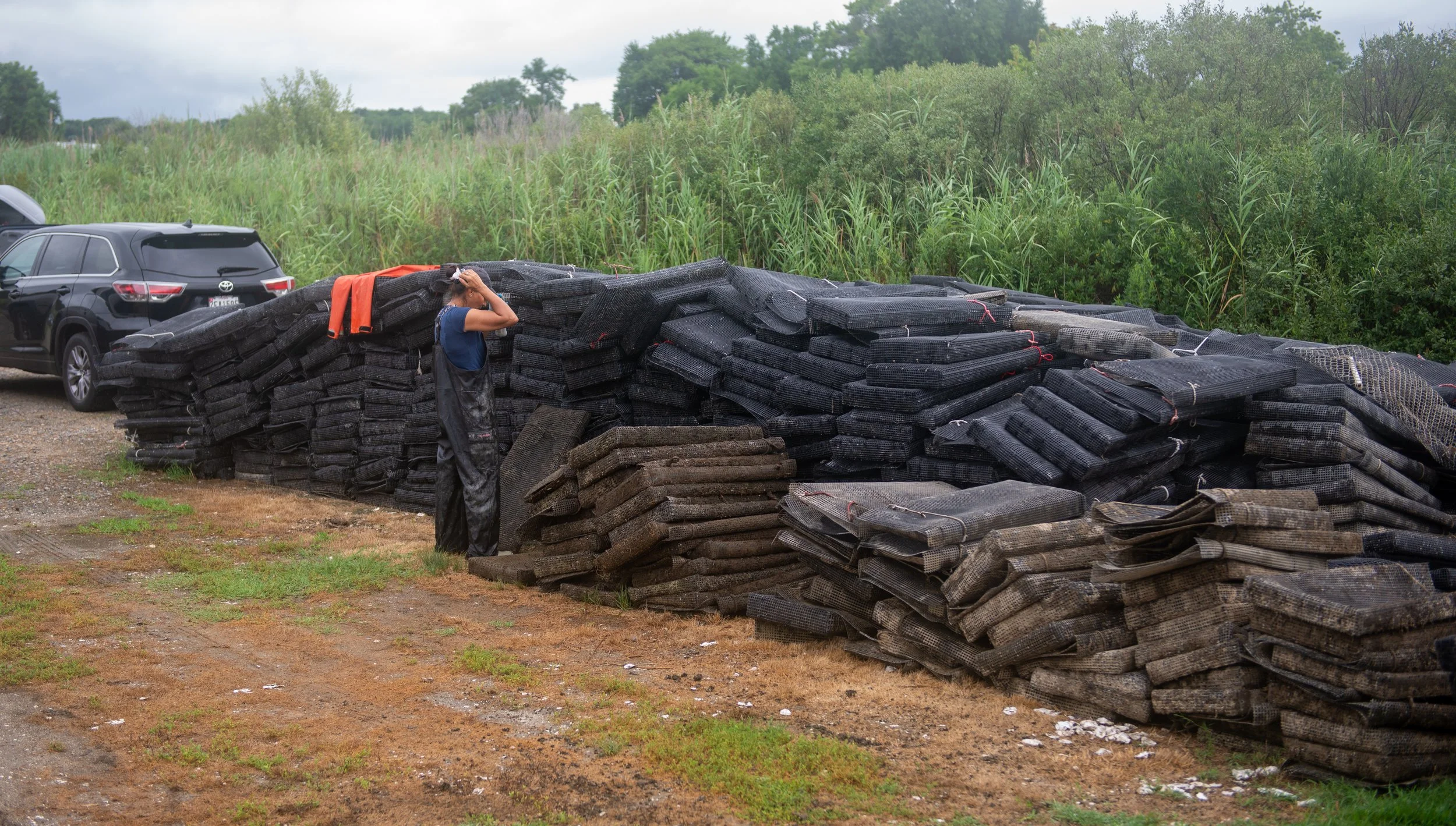 These are the Bags that the Oysters go into on the water. The size of the mesh is the largest possible to allow the most waterflow without letting the oysters out.