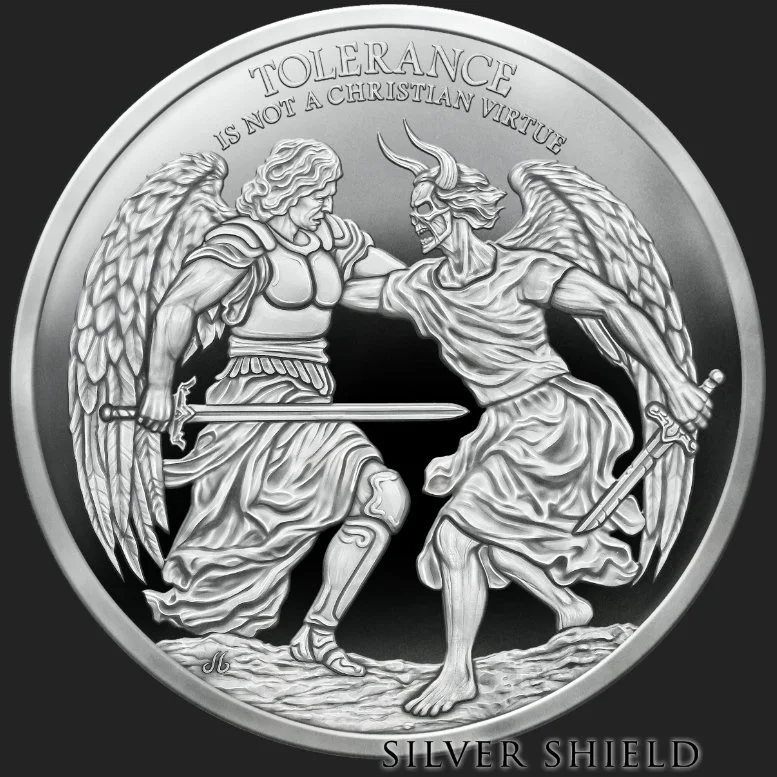 A detailed silver coin featuring a biblical-themed engraved scene of an angel and a demon fighting, with the angel holding a sword and the demon holding a sword as well. The coin has the words 'TOLERANCE IS NOT A CHRISTIAN VIRTUE' at the top and 'SIL