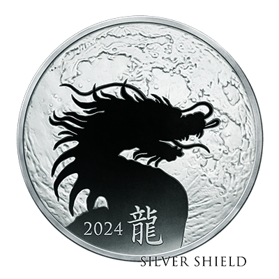 Silver coin with a dragon silhouette and the year 2024, featuring a lunar design in the background, labeled 'Silver Shield'.