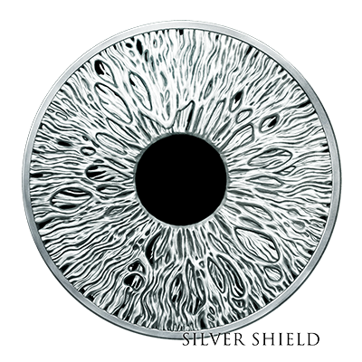 A minted silver proof coin with a Cclose-up of a circular object resembling an eye, with intricate silver and black patterns, and the text 'Silver Shield' at the bottom.