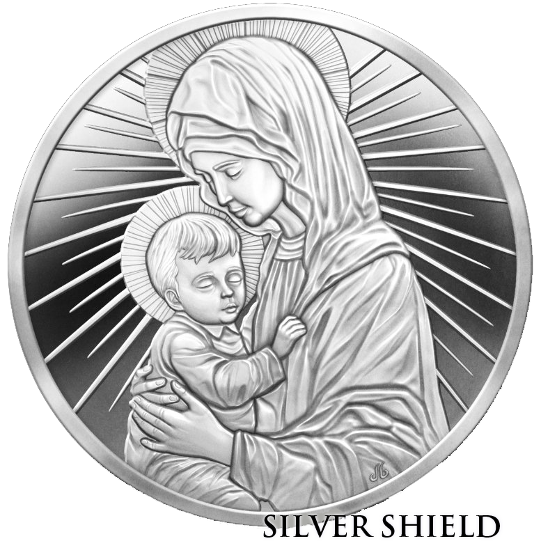 Silver Shield Mother and Child coin featuring Madonna and Child with radiant halos – 2025 Christmas release