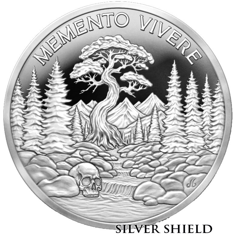 Memento Vivere
Conscientia Series Continues with Memento Vivere. In the shadowed embrace of ancient pines and jagged mountain peaks, where a gnarled bonsai stands sentinel against the inexorable flow of time, the Silver Shield Memento Vivere coin eme