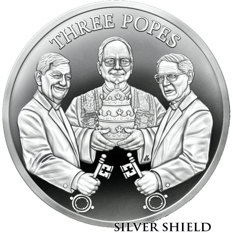 Three Popes 
2025 Silver Shield Three Popes is apart of the Apocalyptomyst Series
Three Popes is my vision what it would be like to become Emperor of Western Civilization. The White, Grey and Black Pope all come and see me bring a Jubilee to Free All