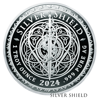 A silver coin with a detailed design, including a sword in the center, surrounded by intricate geometric patterns and the text "Silver Shield" and "2024", indicating 1 ounce of .999 pure silver.