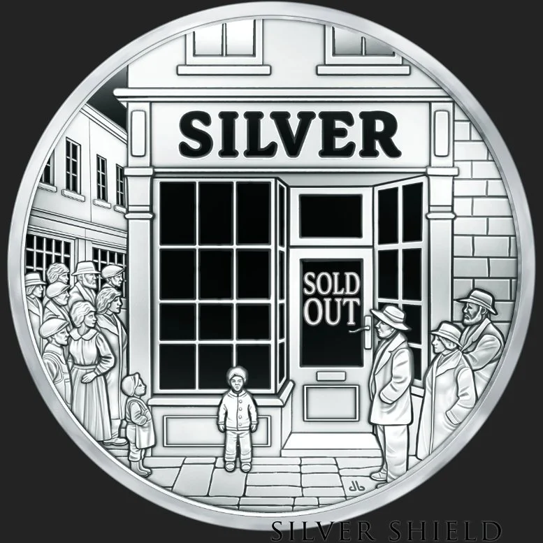 A minted silver proof coin with a storefront labeled 'Silver' with a 'Sold Out' sign on the door, people waiting in line outside, and a young child standing in front of the window.