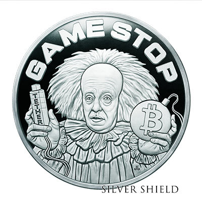 A minted silver proof coin with a caricature of a clown with wild hair holding a smartphone with the word "STEM" and a Bitcoin bomb with a fuse, surrounded by the words "GAME STOP" in a circular design.