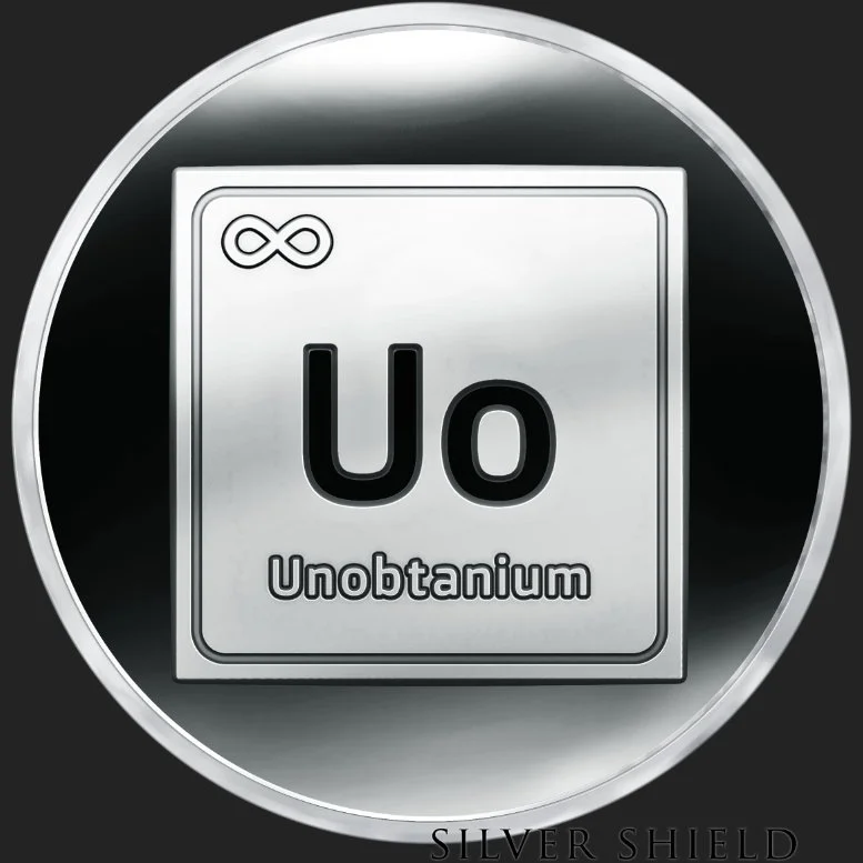 A silver coin featuring the chemical element Unobtanium with the symbol 'Uo' and the atomic number 8,oid, and the text 'Unobtanium' at the bottom. The coin has a shiny, metallic appearance with a black background.