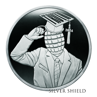 A silver coin with a caricature of a graduate wearing a cap and gown, adjusting the cap with a fist bump. The coin is labeled '2024' and 'Silver Shield.'