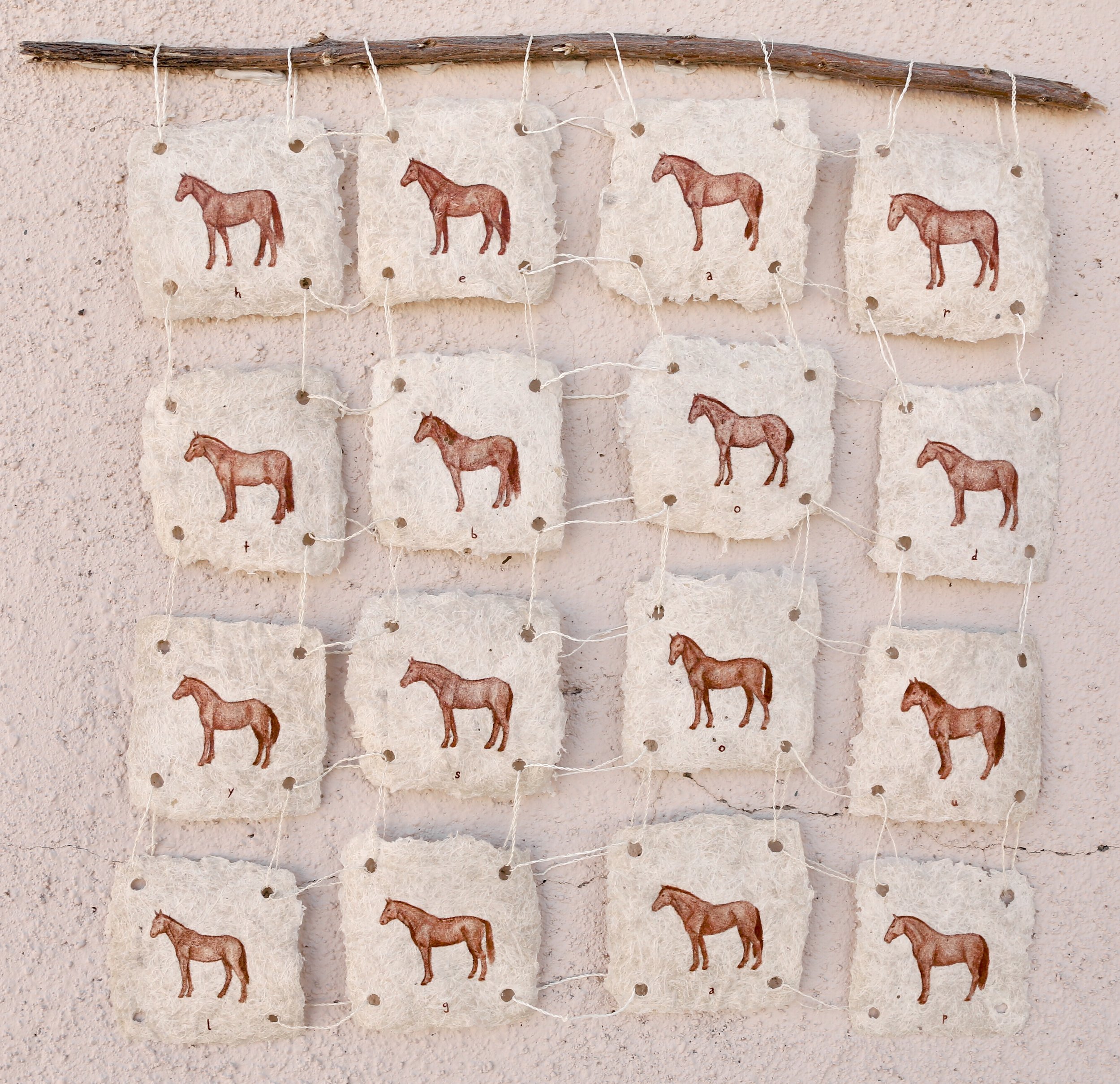 Tile Piece II, 2026, Iron oxide pigment, oil, maguey paper, agave cordage, hackberry stick, 17 x 15 inches
