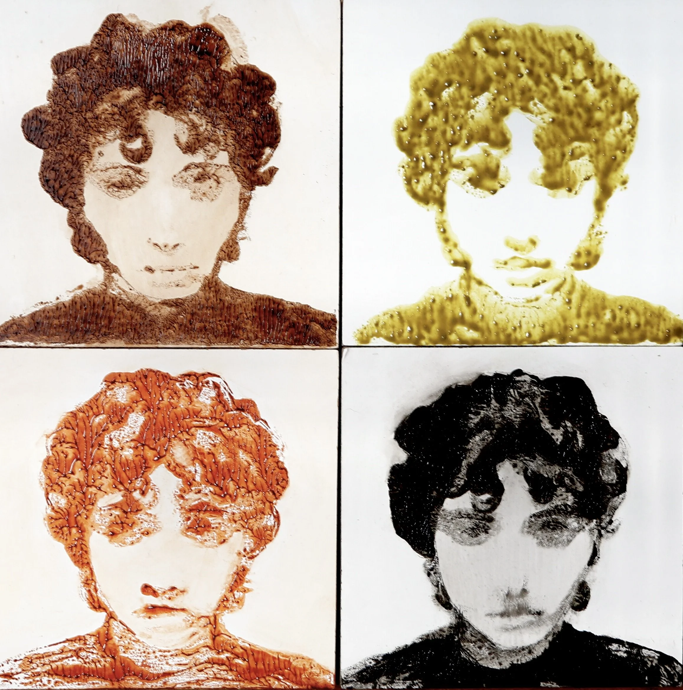Monotype Portrait I, II, III, & IV, 2026. Natural pigments, encaustic, oil on panel, 4 x 4 inches