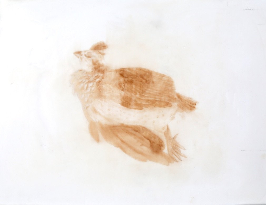 We Have No Death Ritual, Only Waiting III, 2026. Iron oxide pigment, encaustic, oil on panel, 16 x 12 inches
