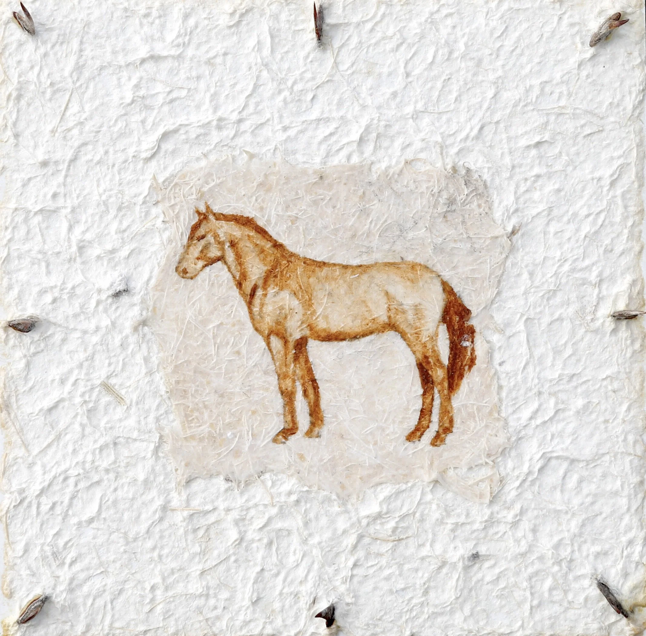 Tile Concept IV, 2026. Iron oxide pigment, agave thorns, maguey paper on panel, 4 x 4 inches