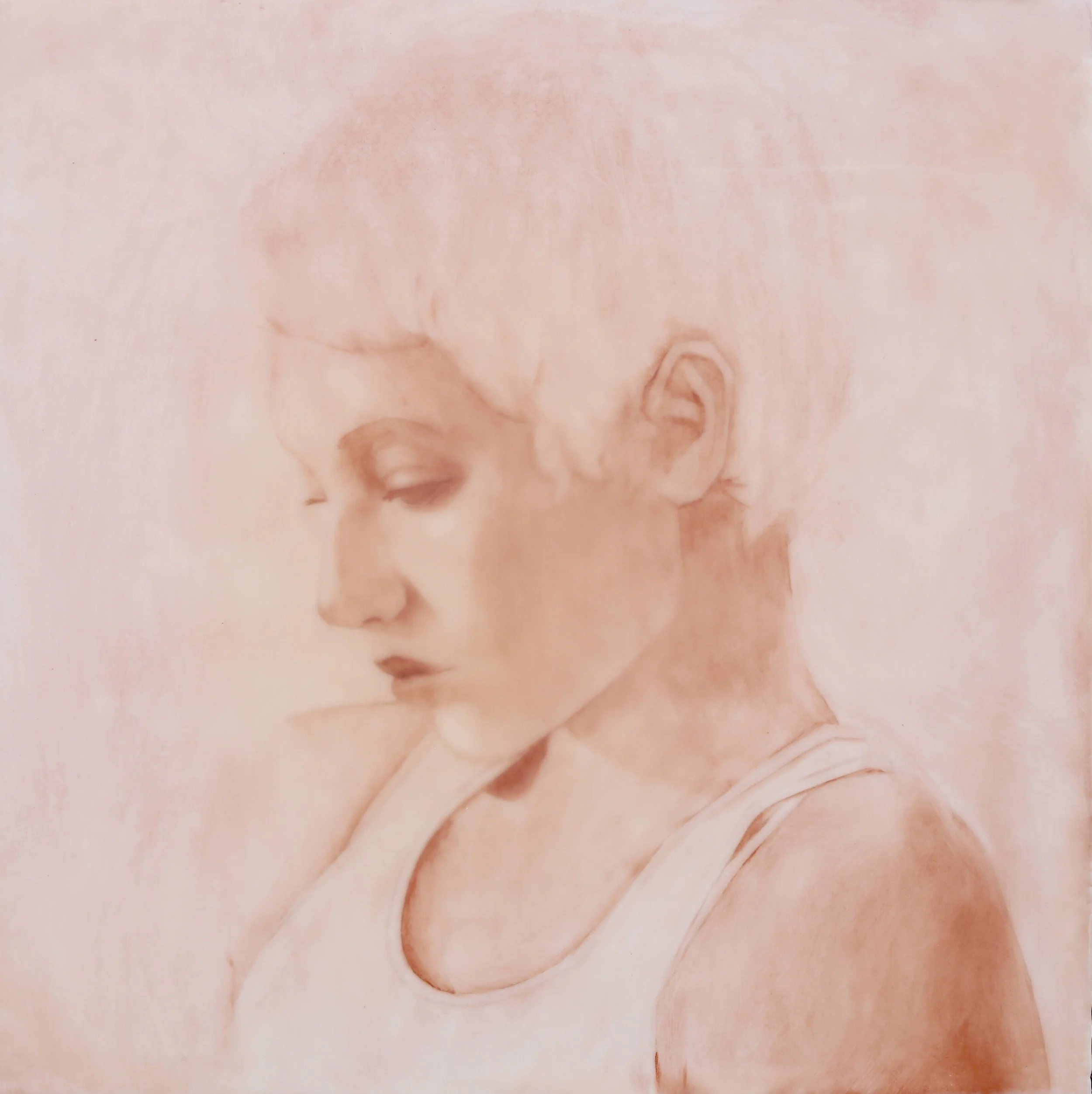 Somewhere. Not Waiting, 2026, Iron oxide pigment, encaustic, oil on panel, 16 x 16 inches