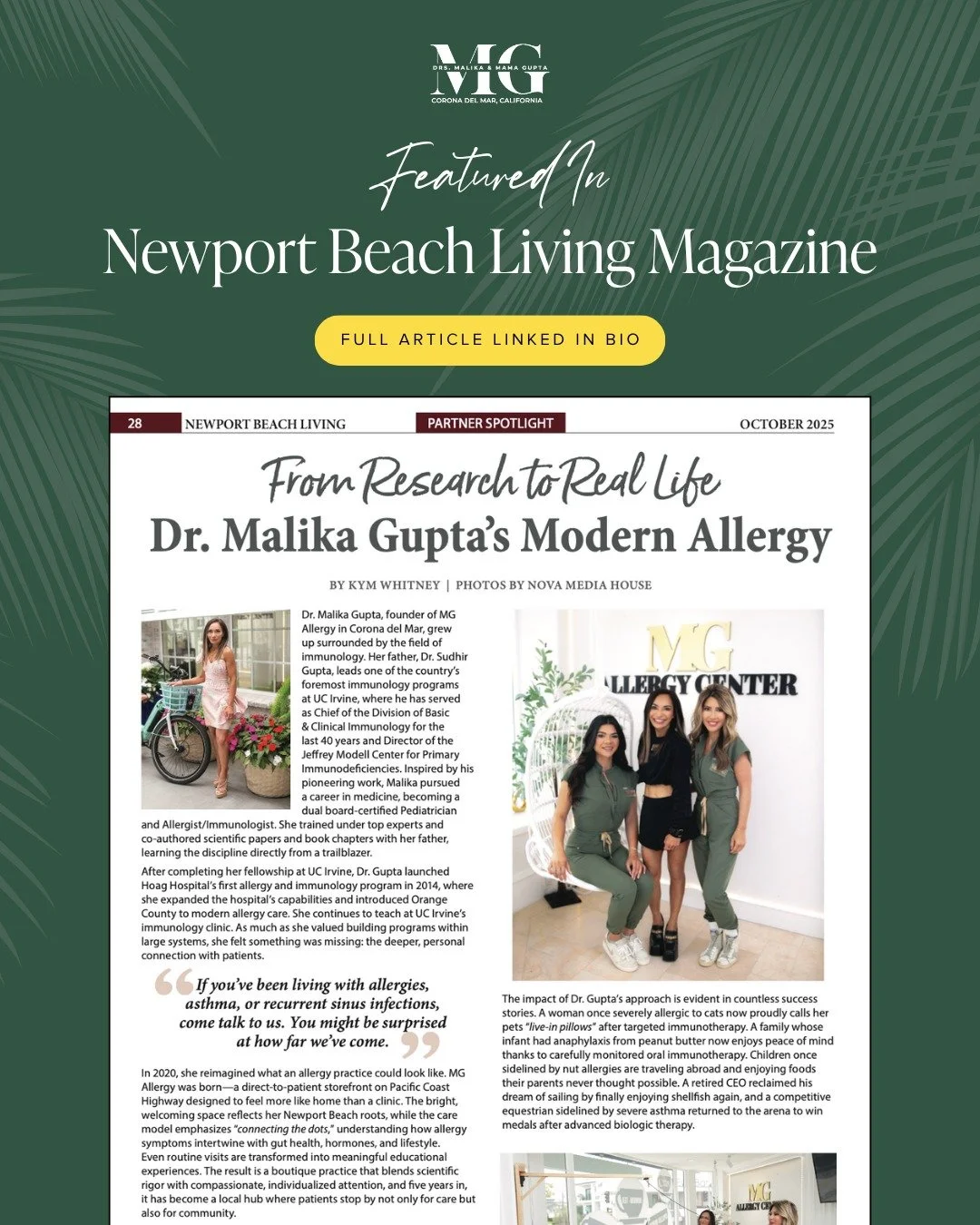 We&rsquo;re thrilled to share that MG Allergy has been featured in Newport Beach Living Magazine! 

This feature highlights our mission to bring integrative, personalized care to patients with allergies, immune conditions, and hormone-related concern