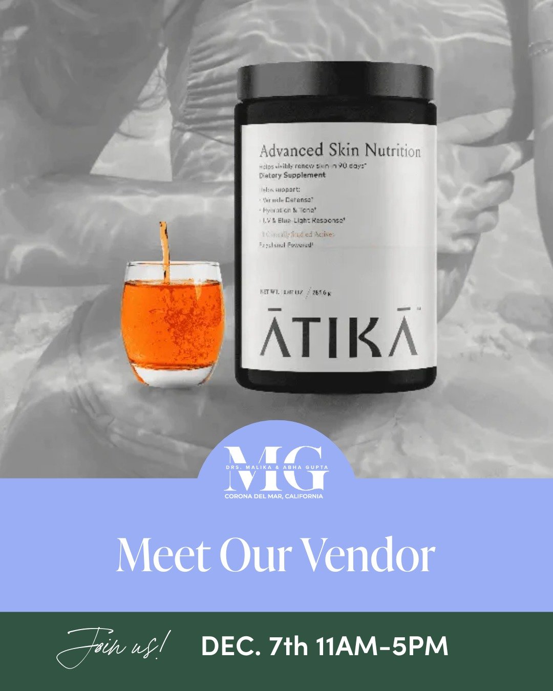 Meet Our December 7th Vendor: ATIKA

A new kind of skincare from the inside out.

ATIKA is a foundational supplement designed for skin longevity with 18 active ingredients that work synergistically to support every layer of skin health:

✨ Skin barri