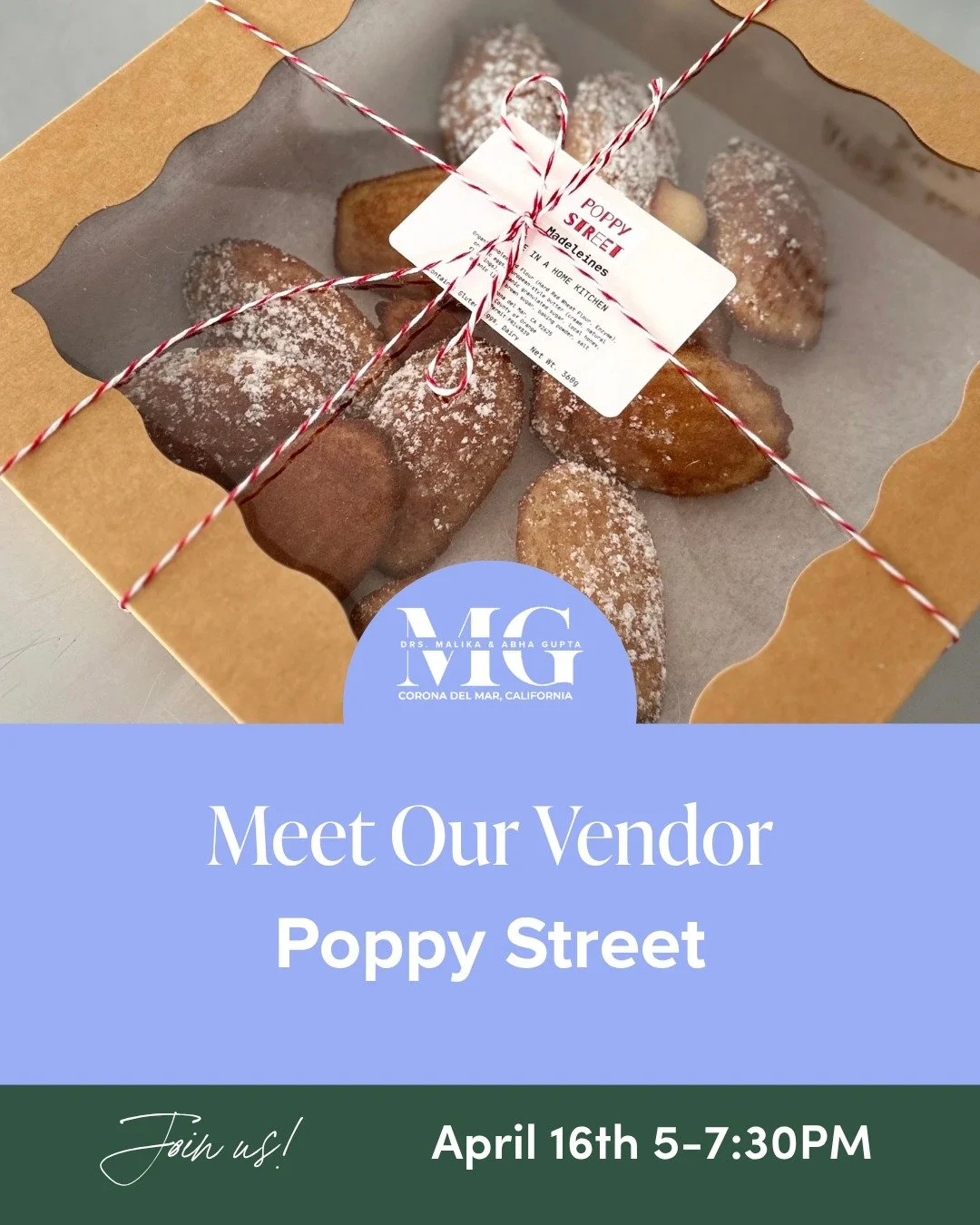 Meet Our Vendor: @poppystreetpopup 

Join us Thursday, April 16th from 5-7:30pm! Poppy Street and MG Allergy are celebrating hospitality for everyone at the table.

Enjoy a curated tasting of allergen-friendly wines paired with small-batch baked good