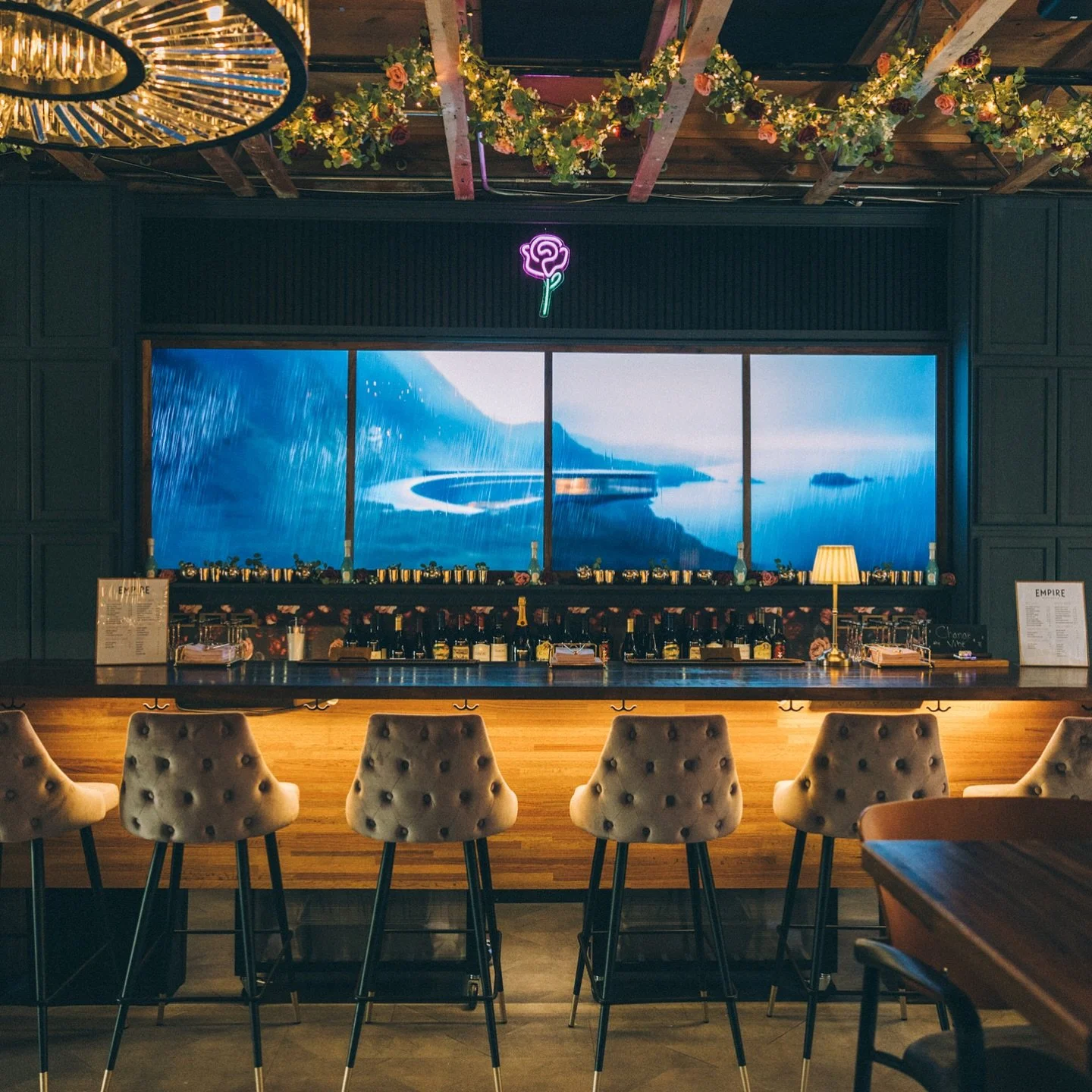 Have you been to our Rose 🌹 Bar? Located in the North Hall at Empire. During day - it&rsquo;s a beautiful work space with our live windows portraying incredible imagery; you can find yourself staring at the rain hitting glass or viewing scenes from 