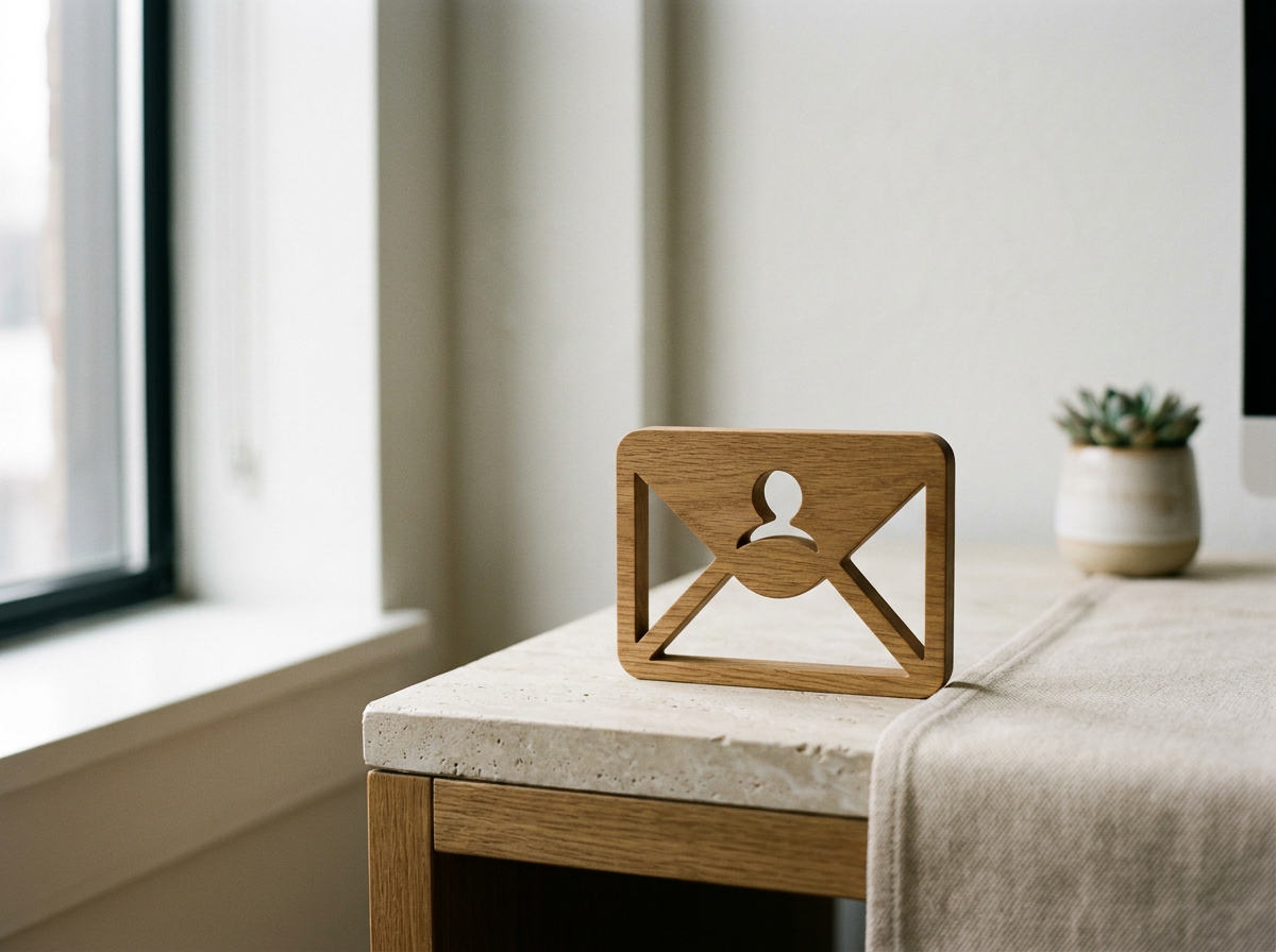 Wooden desk accessory with cut-out envelope and person icon, placed on a light-colored desk near a window and small potted succulent plant.