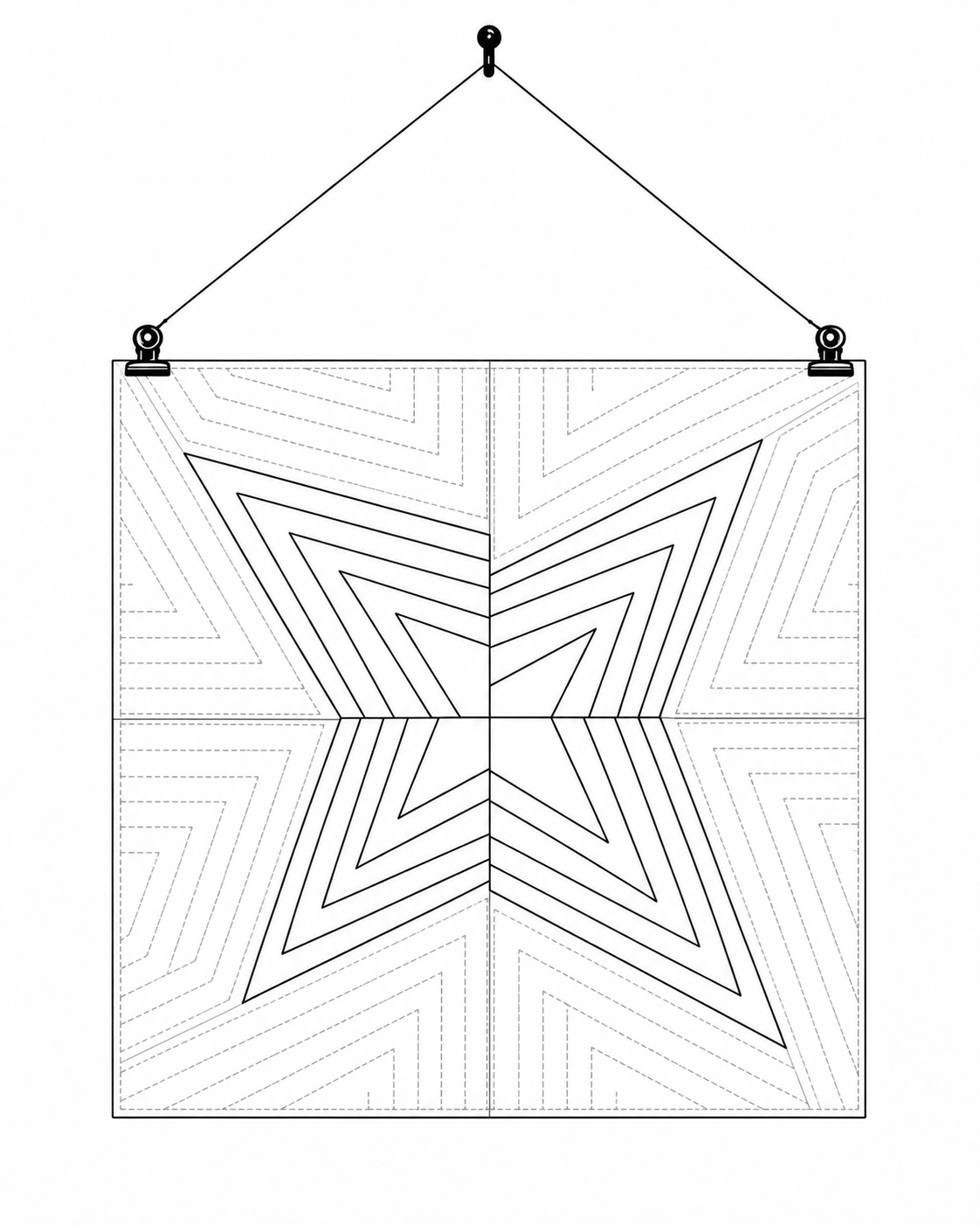 Line drawing of a finished faced mini quilt hanging from two clips, thin wire, and a centered push-pin hanger