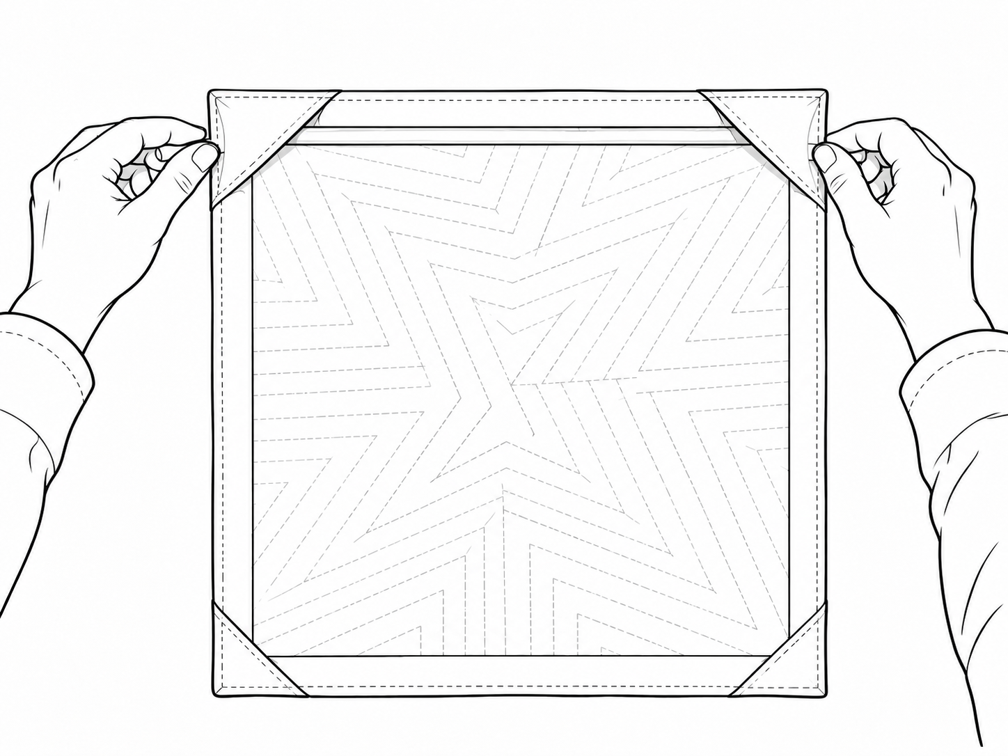 Line drawing of hands placing a slim dowel fully inside the two upper facing corner pockets of a mini quilt