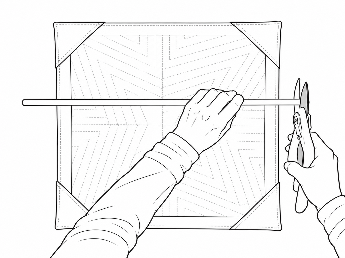Line drawing showing a wooden dowel being cut to fit the upper facing corners on the back of a mini quilt.
