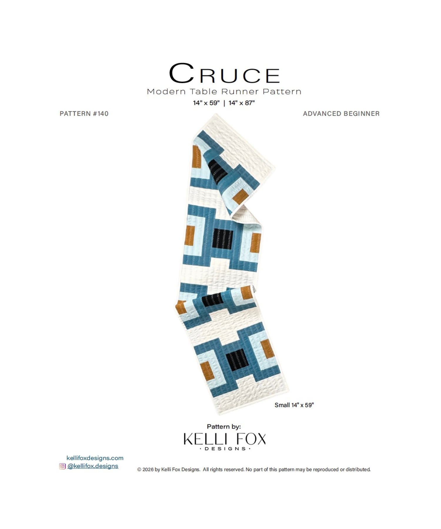 Cruce modern table runner quilt pattern by Kelli Fox Designs featuring a geometric strip-pieced layout in blue, black, and warm neutral fabrics.